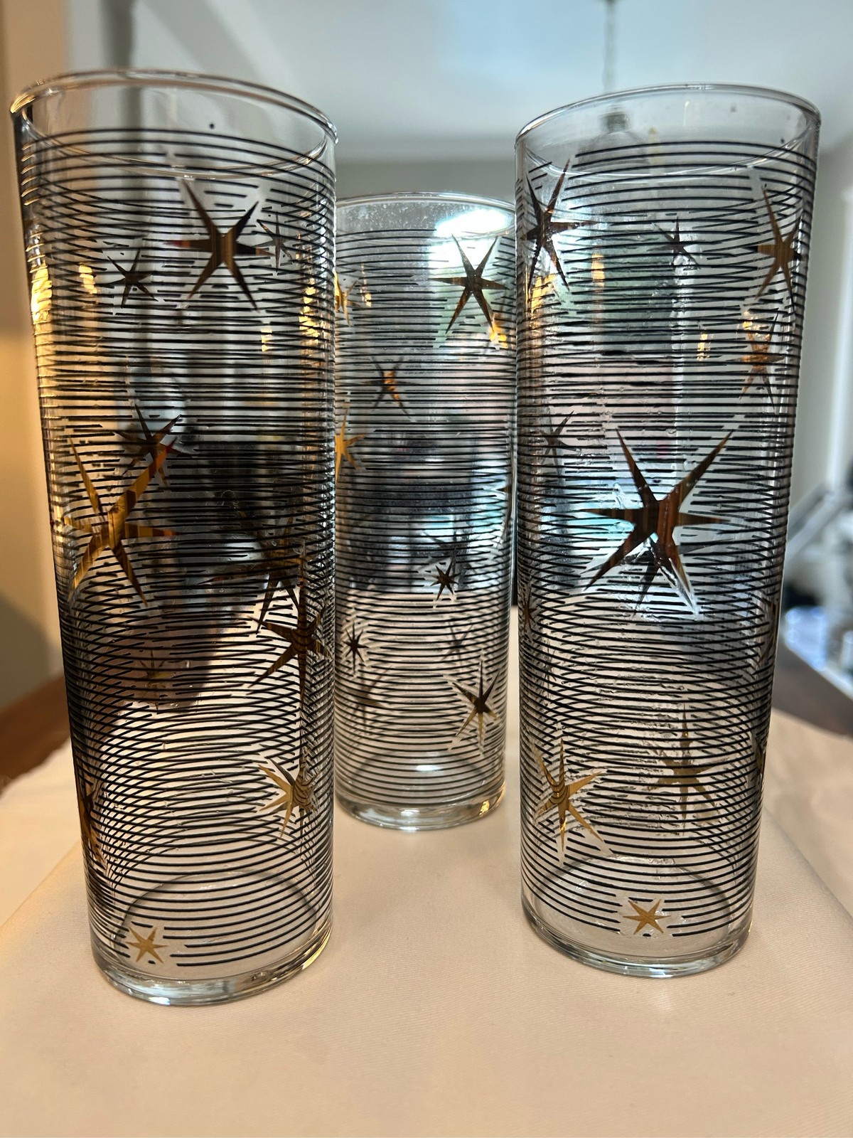 3 Libbey Atomic Starburst Collins Glasses Black Gold MCM Barware