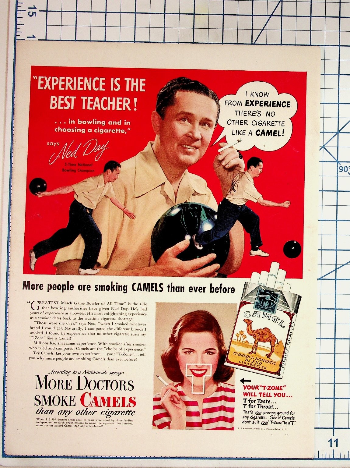 1940s Camel Cigarettes Ad Ned Day Bowling Doctors T-Zone Vintage Print
