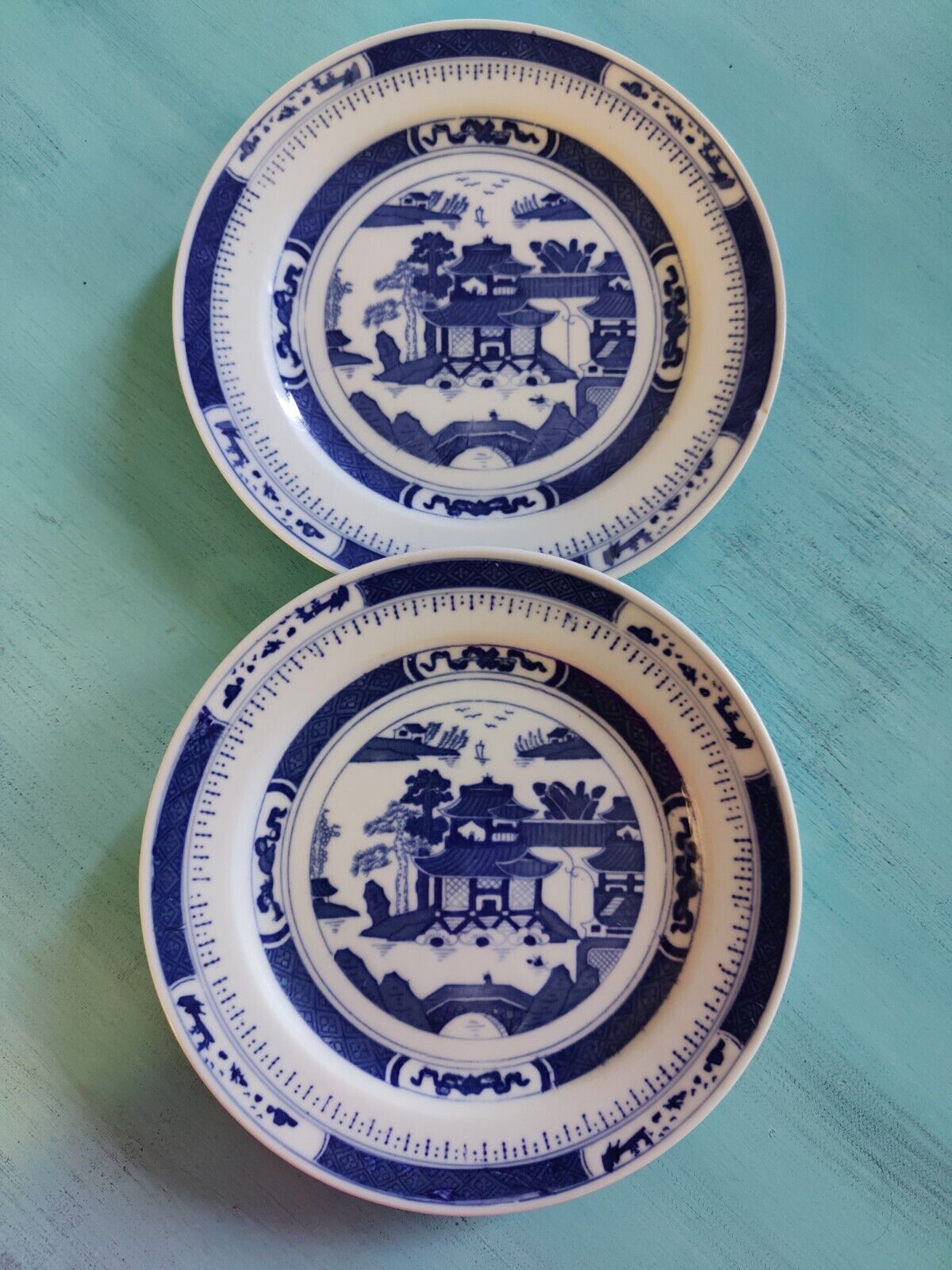 Pair Of Authentic Vintage Chinese Transferware Blue & White Porcelain Plates 9