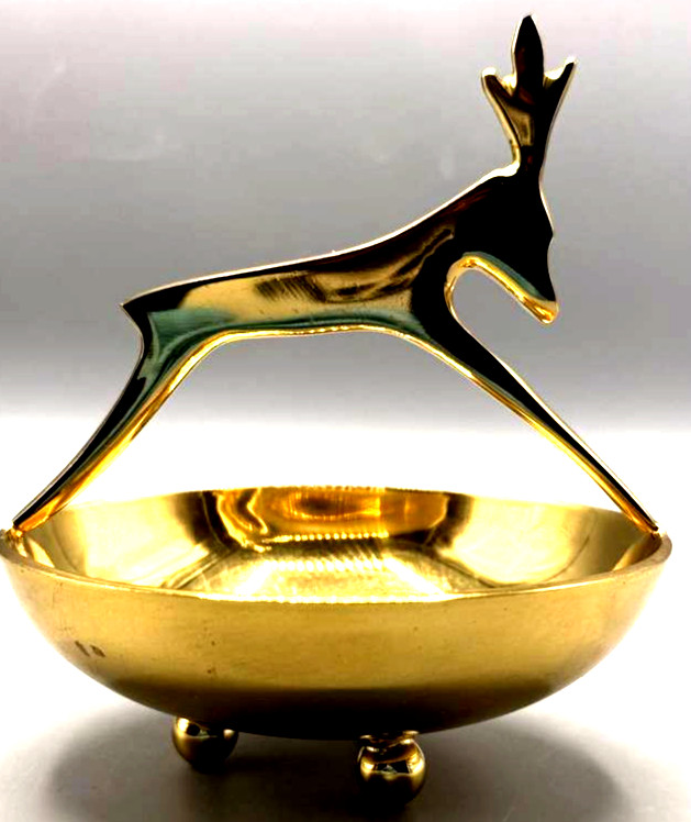 Mid-Century Modern Brass-Tone Deer Trinket Dish – Leaping Reindeer Handle