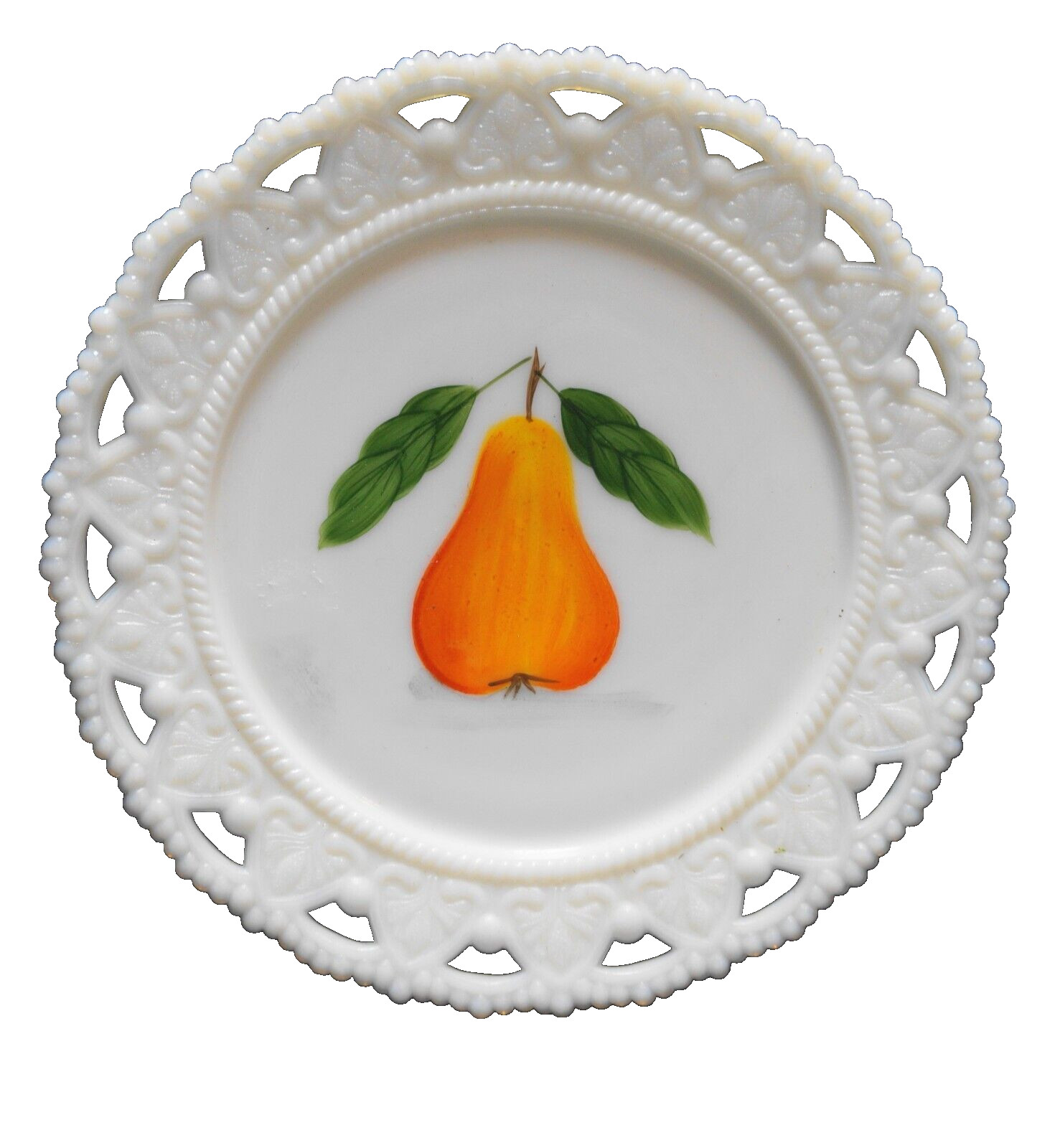 Kemple White Milk Glass Hand Painted Pear Lace Edge Hearts Beaded Plate
