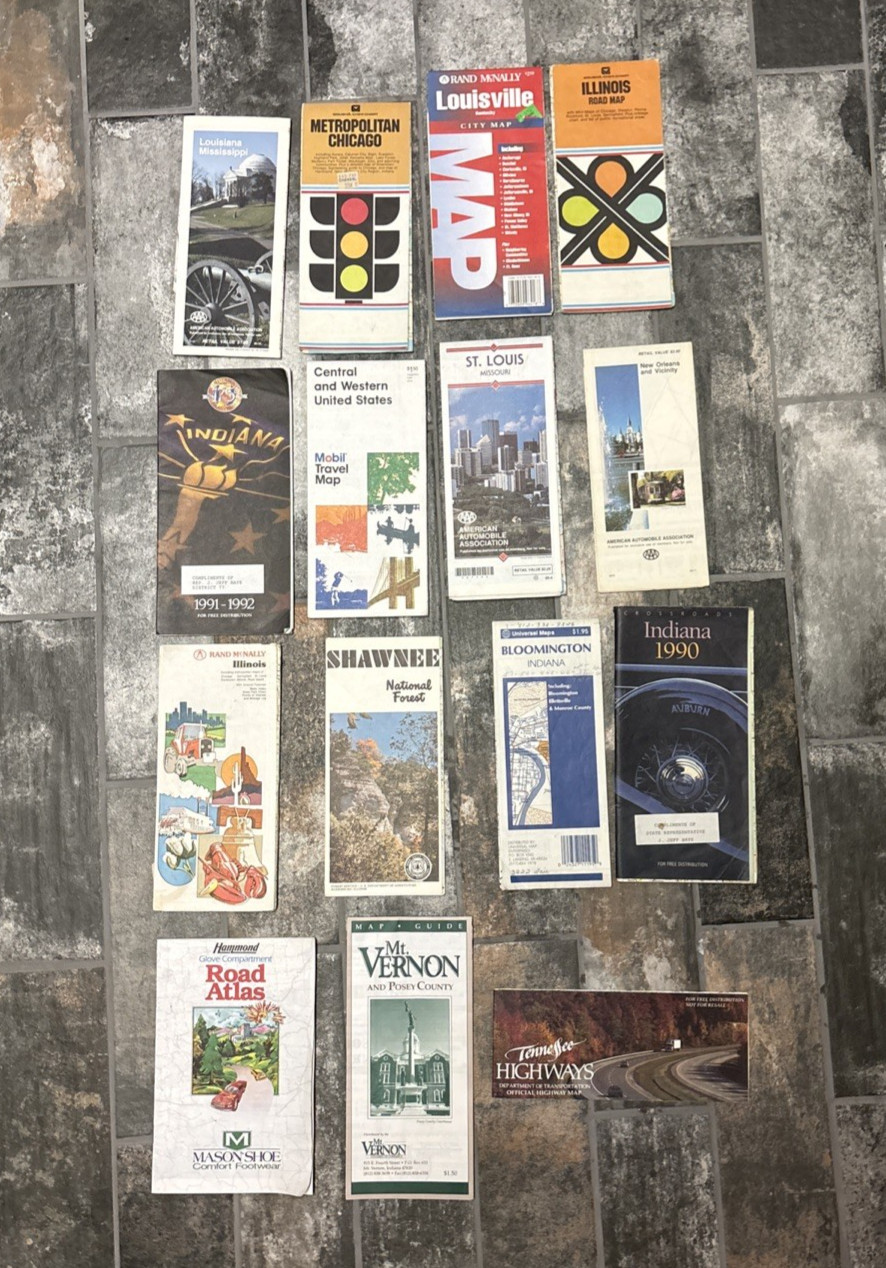 Vintage Road Maps Lot of 15 Mostly 1980s & 1990s Indiana Illinois Bloomington