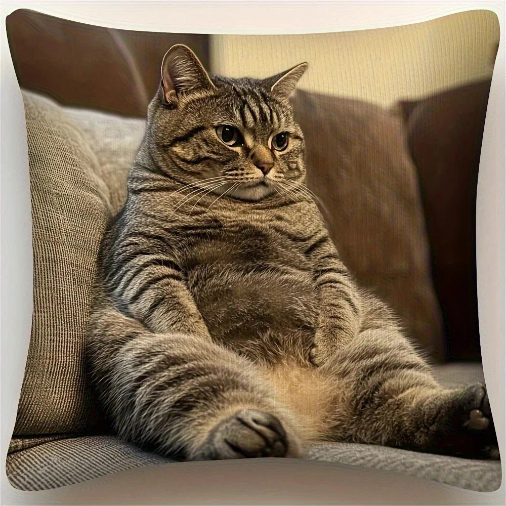 Large Fluffy Gray Tabby Cat Pillow Cover Soft Realistic Design