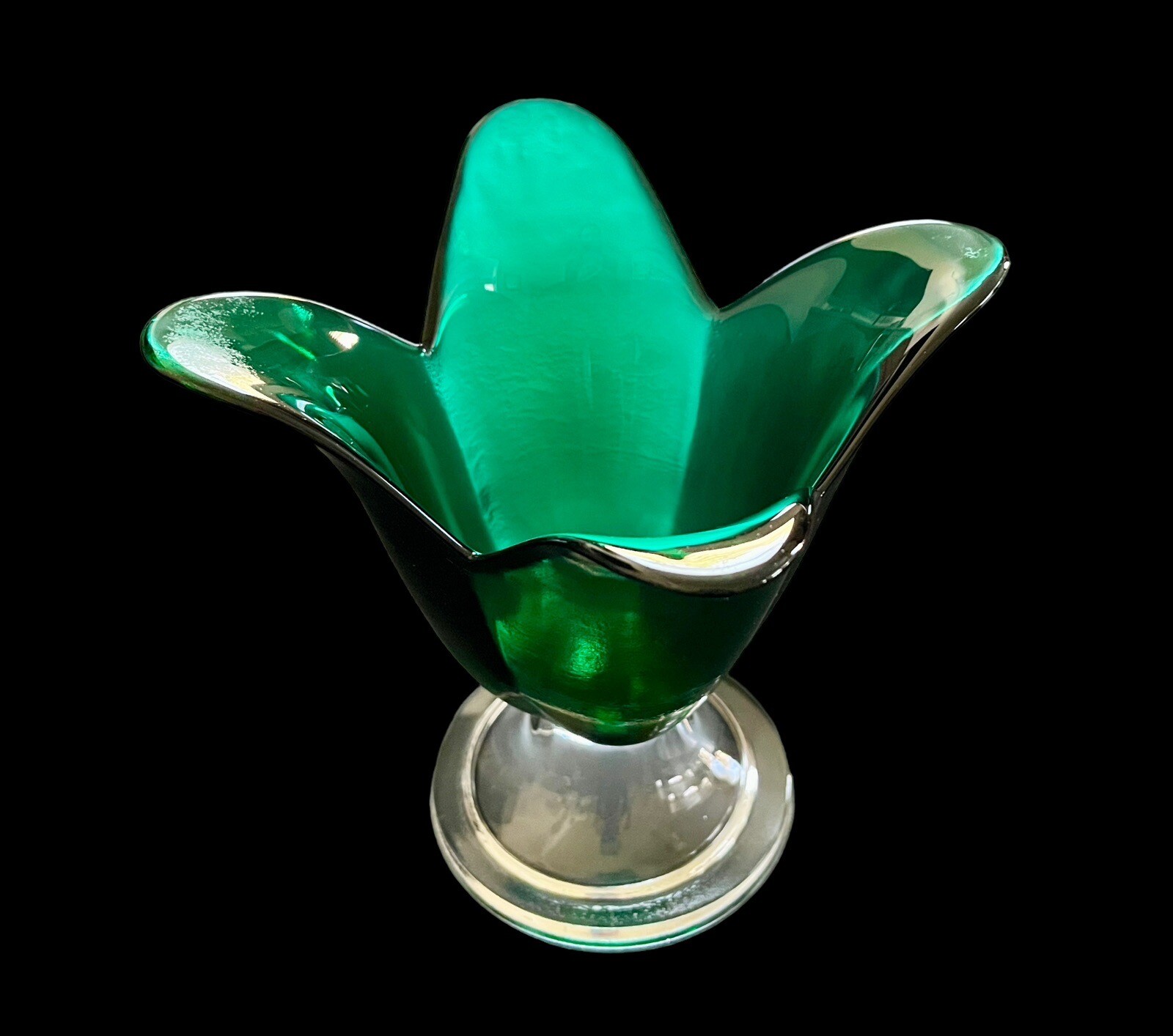 Vintage Studio Nova Green Art Glass Tulip Vase w/Clear Base Candy Dish 7”