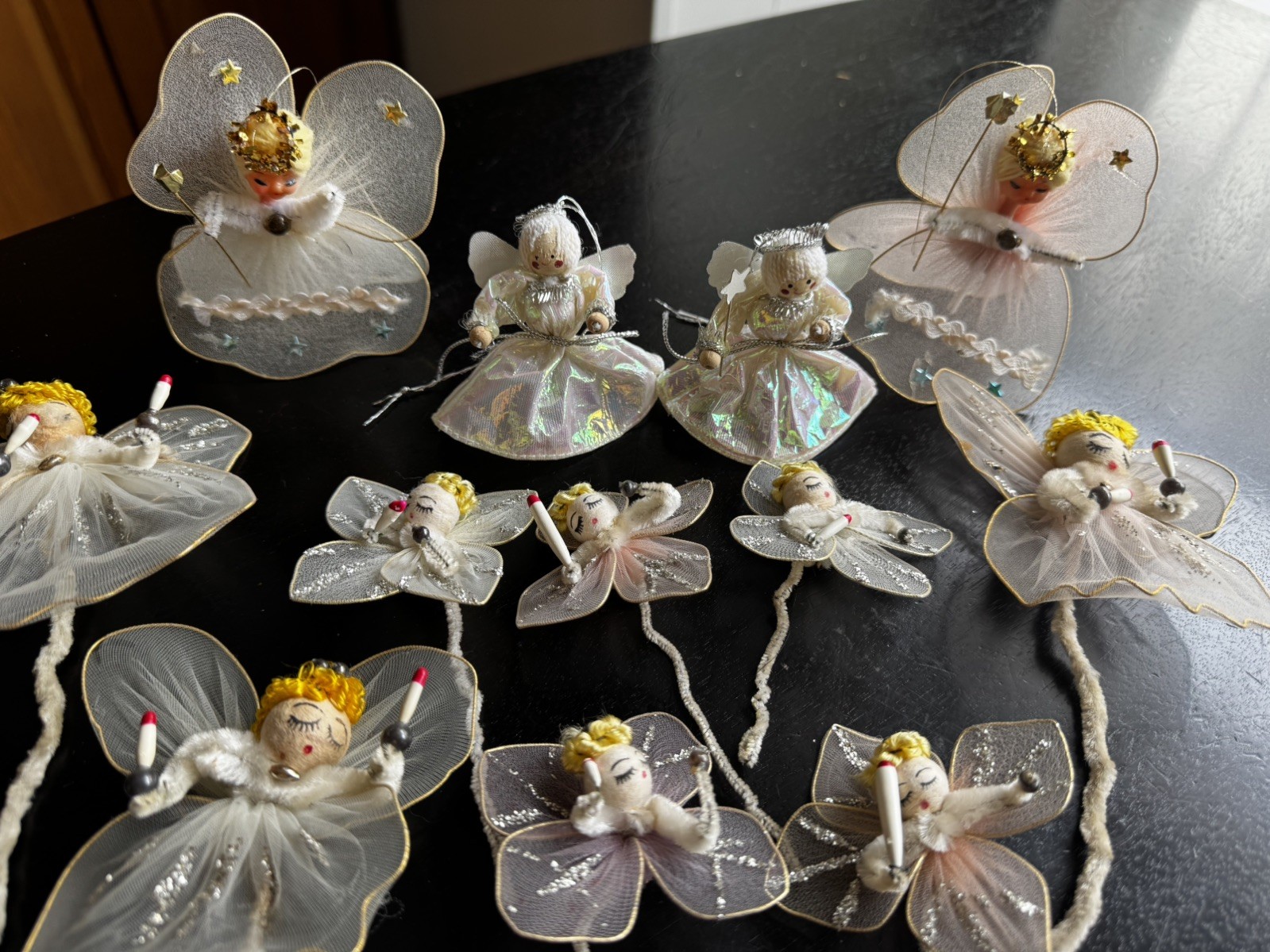 Vintage Set of 12 Wired Net Tulle Pipe Cleaner Angel Ornaments/Decorations