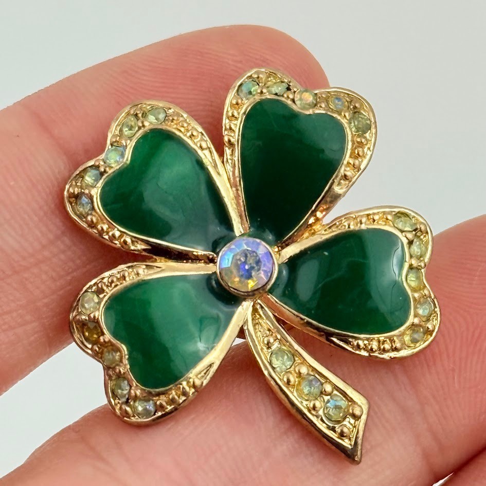 Vtg Nina Ricci Avon Brooch Pin Green St Patricks Day Rhinestone Clover Shamrock