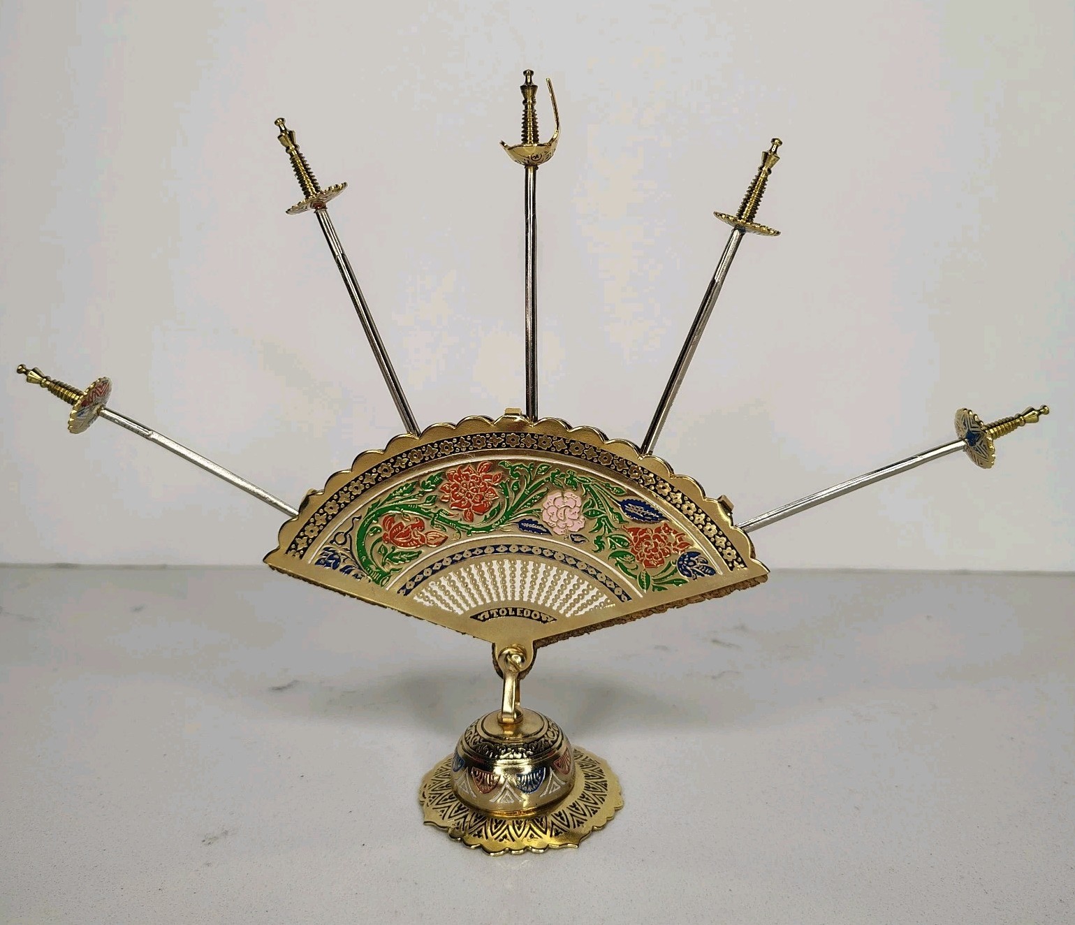 Vintage Toledo Spain Sword Cocktail Picks Set Enamel Fan Stand Barware 5 Skewers
