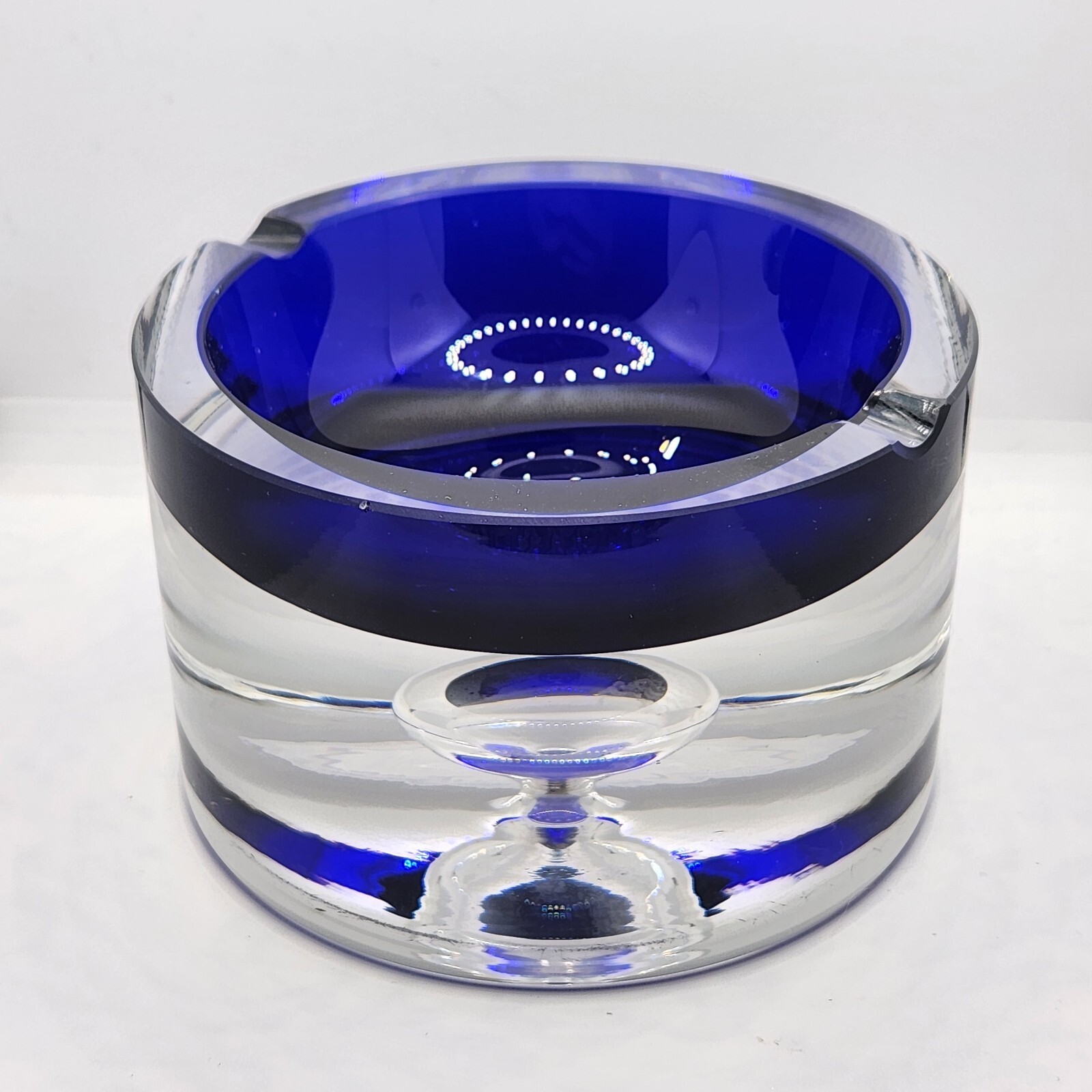 Krosno Poland Art Glass Ashtray Cobalt Blue Heavy Floating Bubble Ashtray Flaw