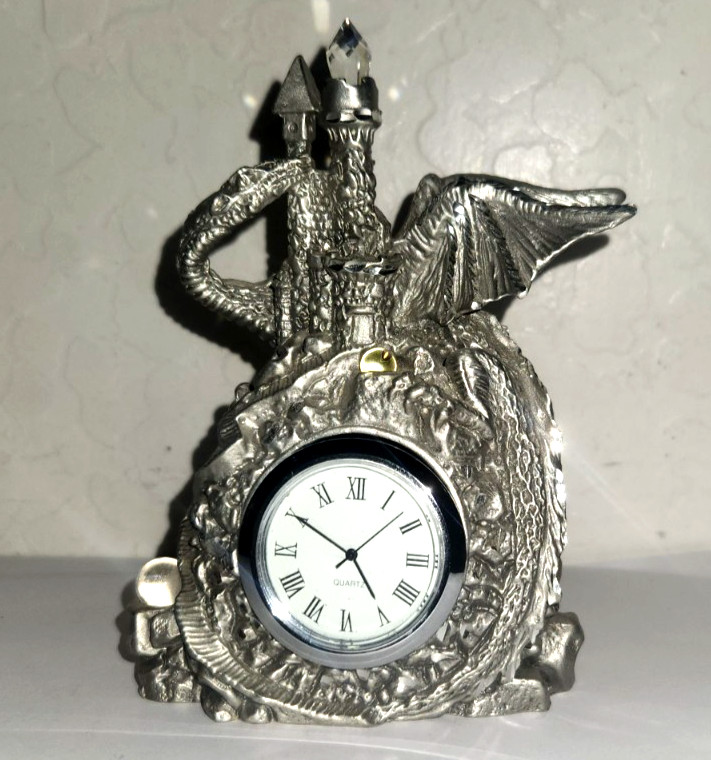 VINTAGE 1994 MASTERWORKS FINE PEWTER BY SEDLOW QUARTZ CLOCK CASTLE WITH DRAGON VINTAGE 1994 MASTERWORKS FINE PEWTER BY SEDLOW QUARTZ CLOCK CASTLE WITH DRAGON