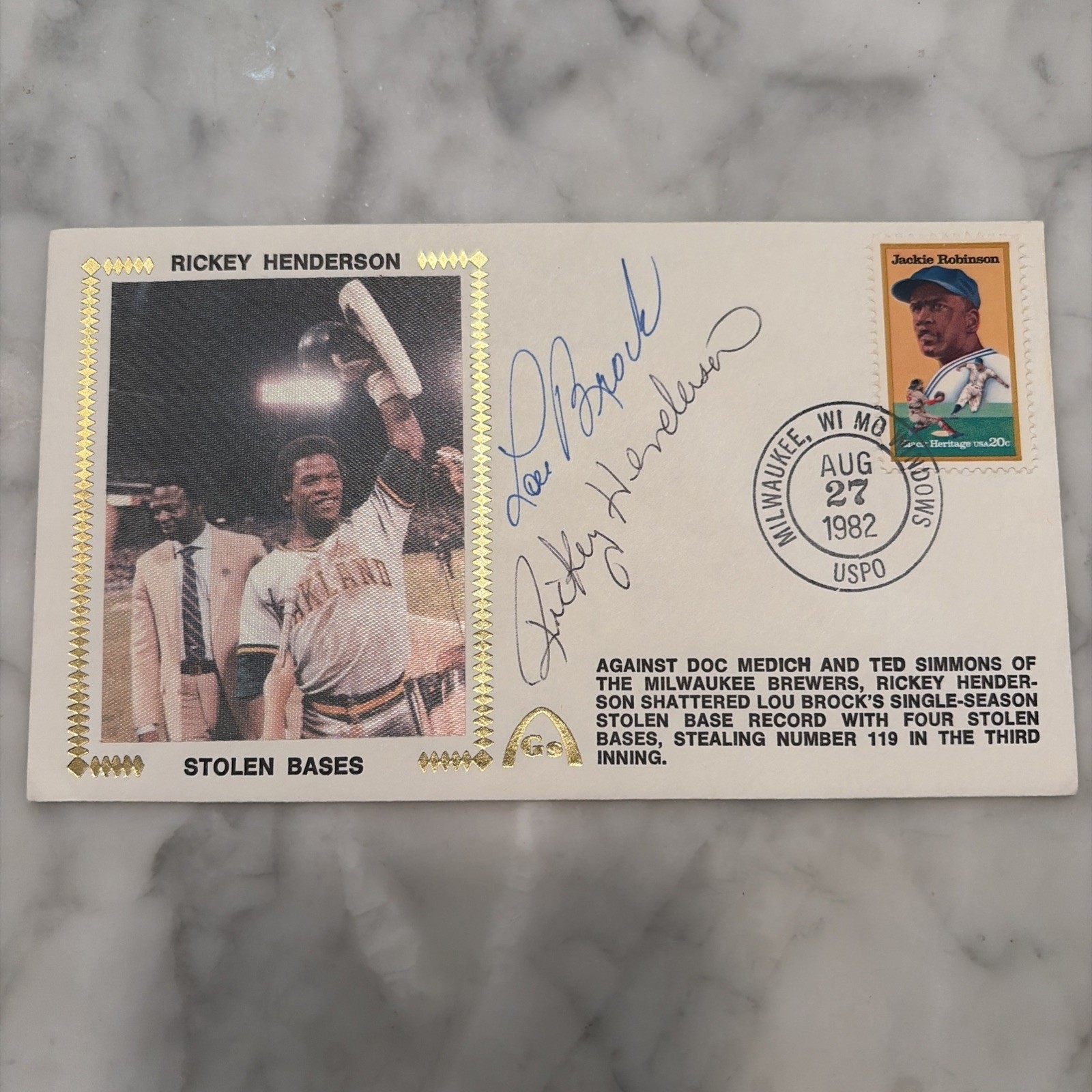 Cachet Signed 1982 Rickey Henderson Vintage Early Full Signature w/ Lou Brock