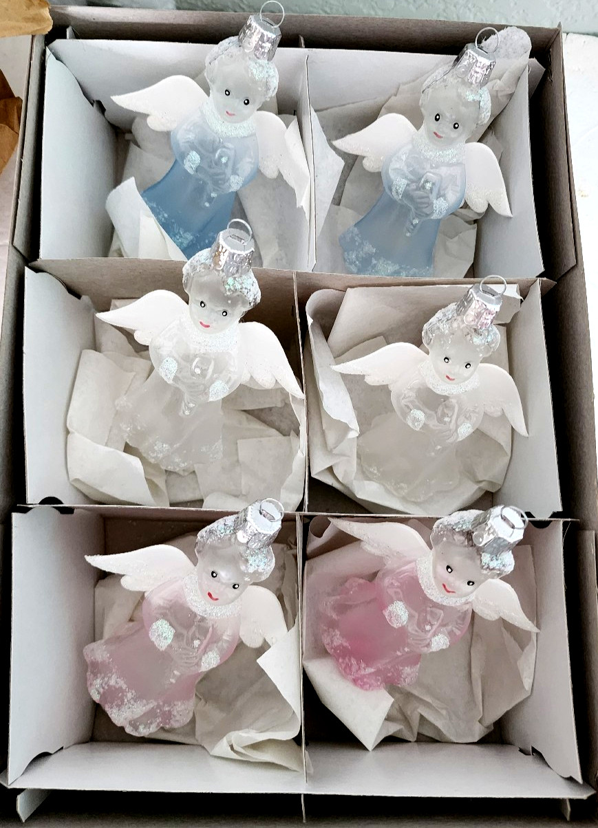 Set of 6 Retro Handmade Czech Glass Christmas Ornaments Angel w/ Flute 4.25\ Set of 6 Retro Handmade Czech Glass Christmas Ornaments Angel w/ Flute 4.25\