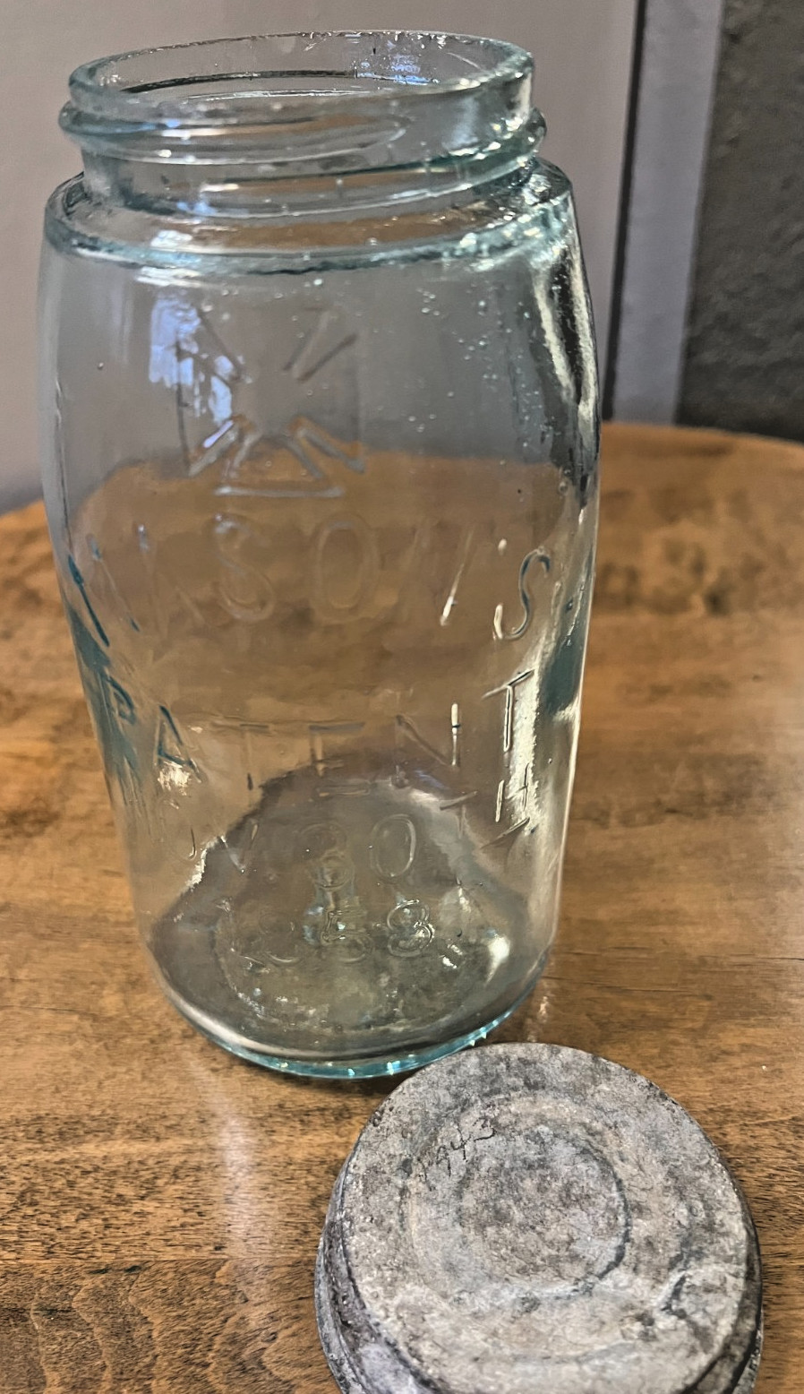 Antique Nov 30 1858 Masons Patent Quart Jar w/ Cross  & Lid H: 7.5