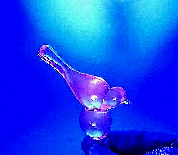 Fenton Bird Perfume Glass Figurine Bottle Stopper Black Light Shine Blue Glow