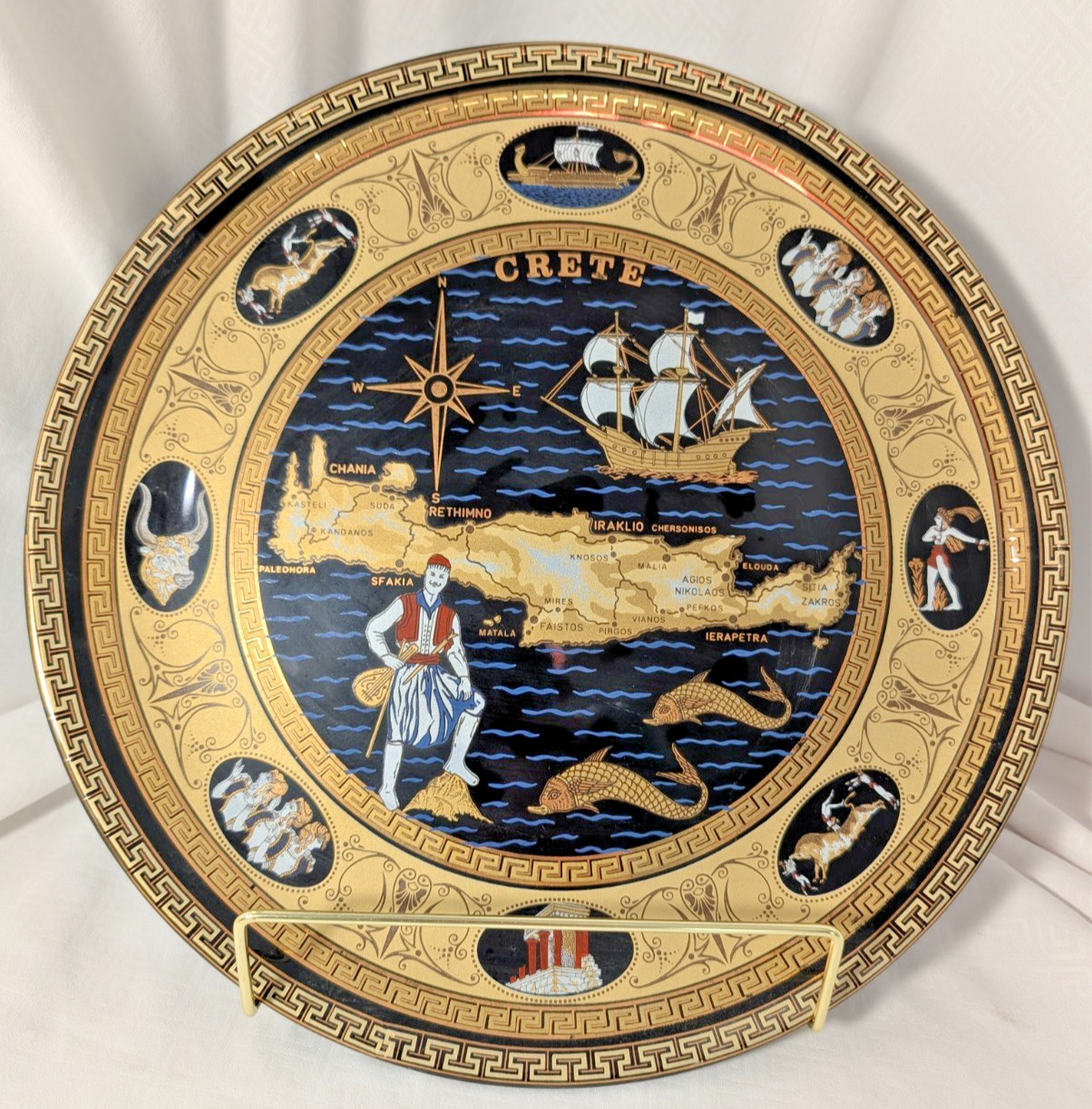 Vintage V Stakias Designs Crete Greece Map Decorative Wall Plate 24K Gold 11\