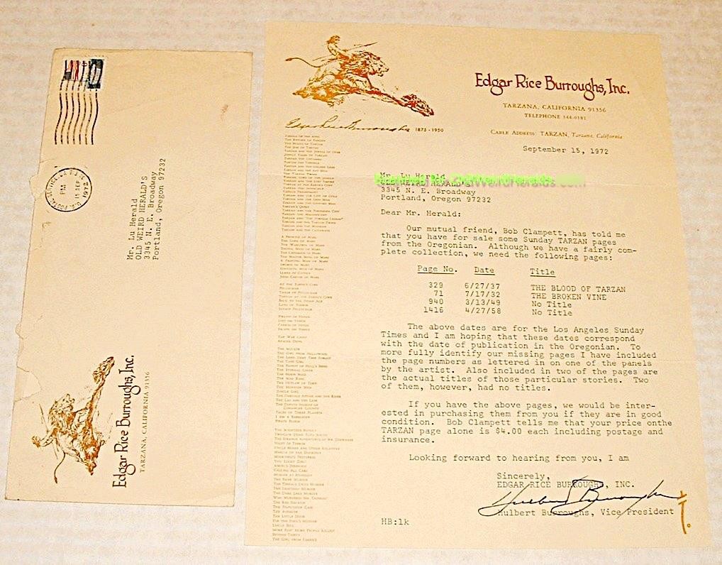 TARZAN - HULBERT BURROUGHS SIGNED LETTER '72 SUN PAGE COMIC Edgar Rice Burroughs
