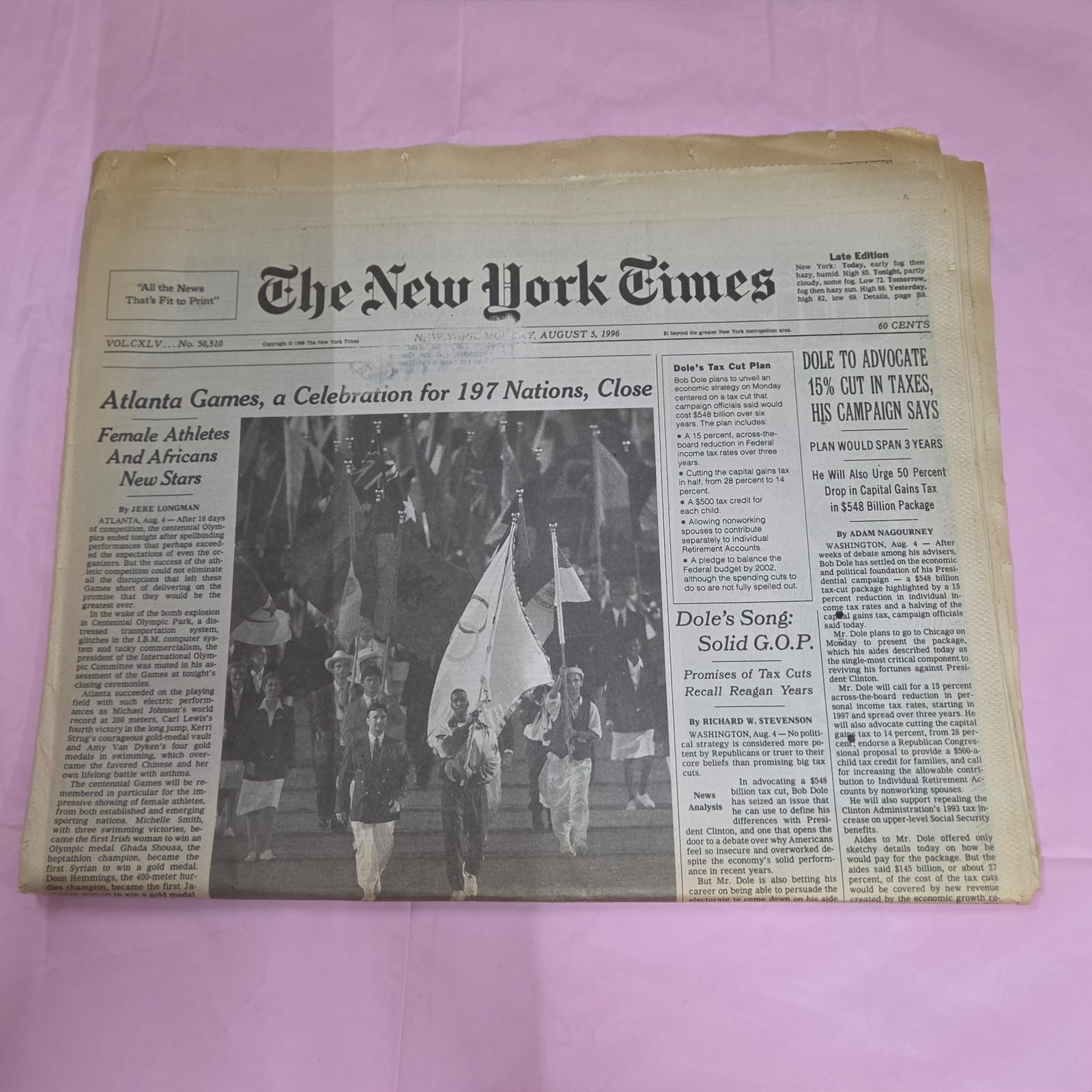1996 New York Times Atlanta Olympics Closing Bob Dole Tax Plan Newspaper