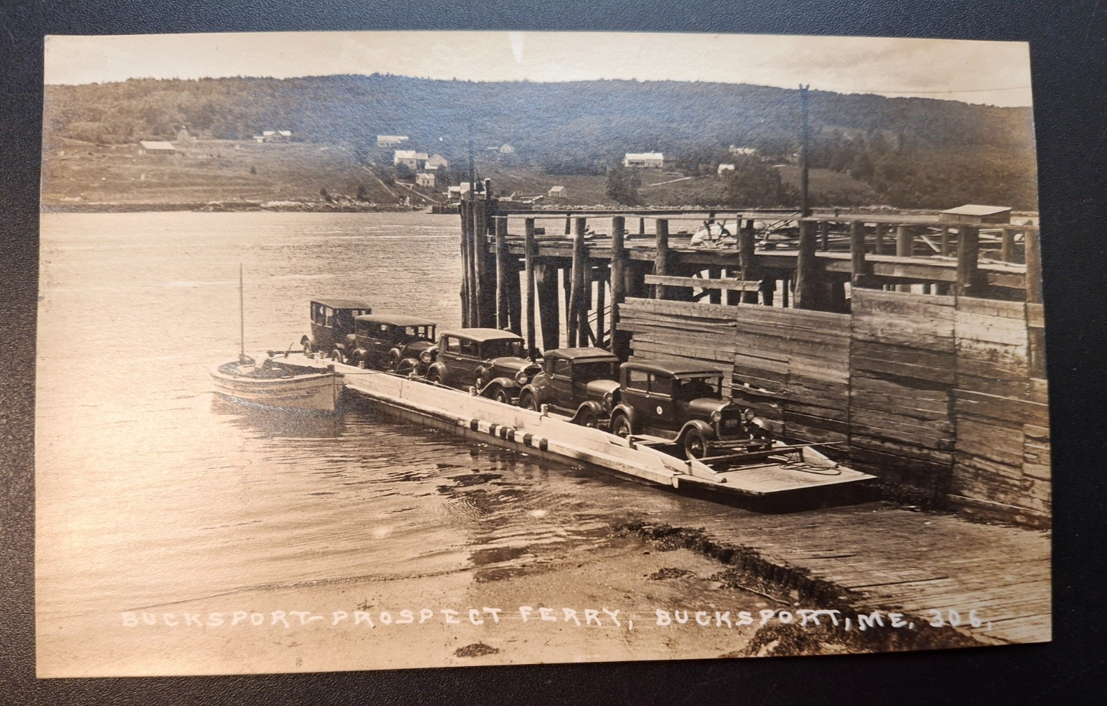 RPPC Bucksport Maine Prospect Car Ferry Real Photo Postcard Circa 1920s 