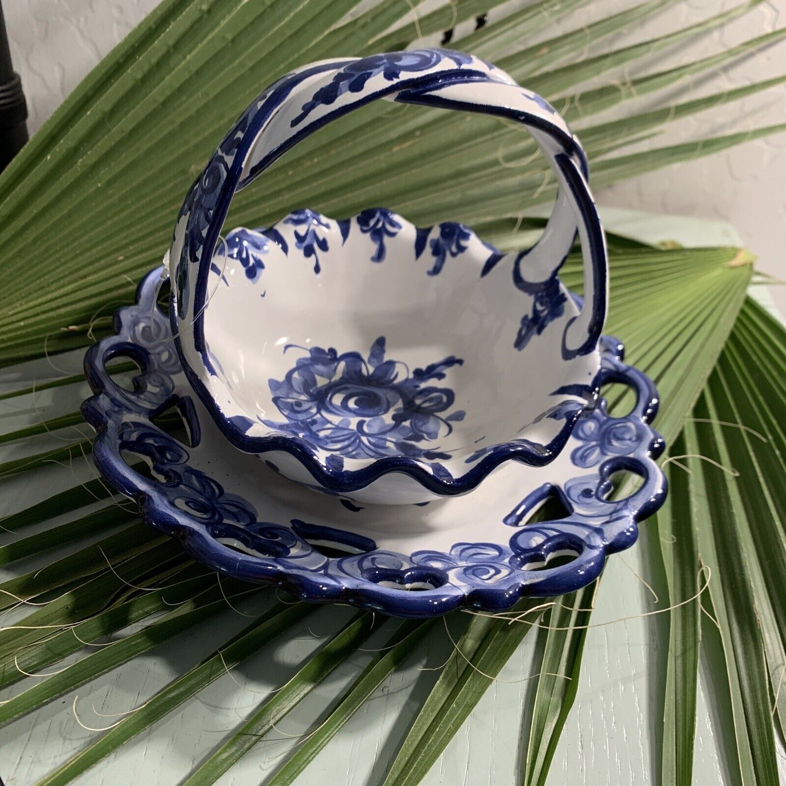 Vintage Vestal Alcobaca Blue and White Reticulated Plate  & Signed Basket Dish