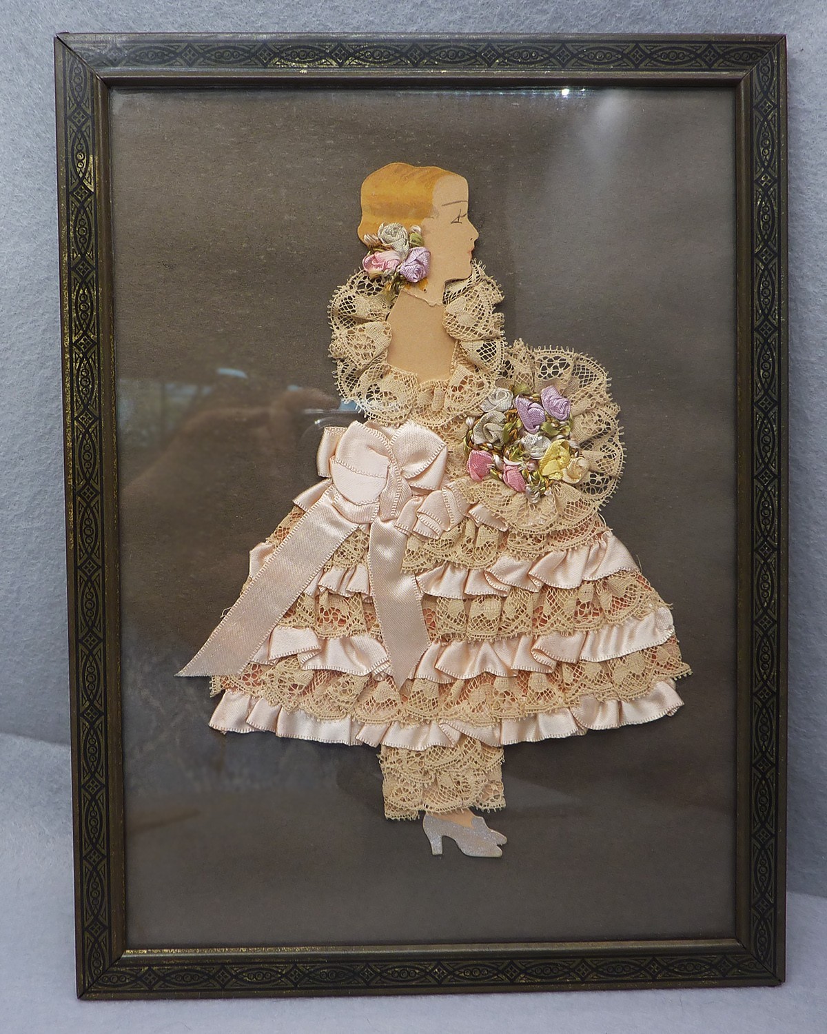 Vtg 1930s Ribbon Art Paper Doll Framed 9x12 Boudoir Art Deco Southern Belle Gown