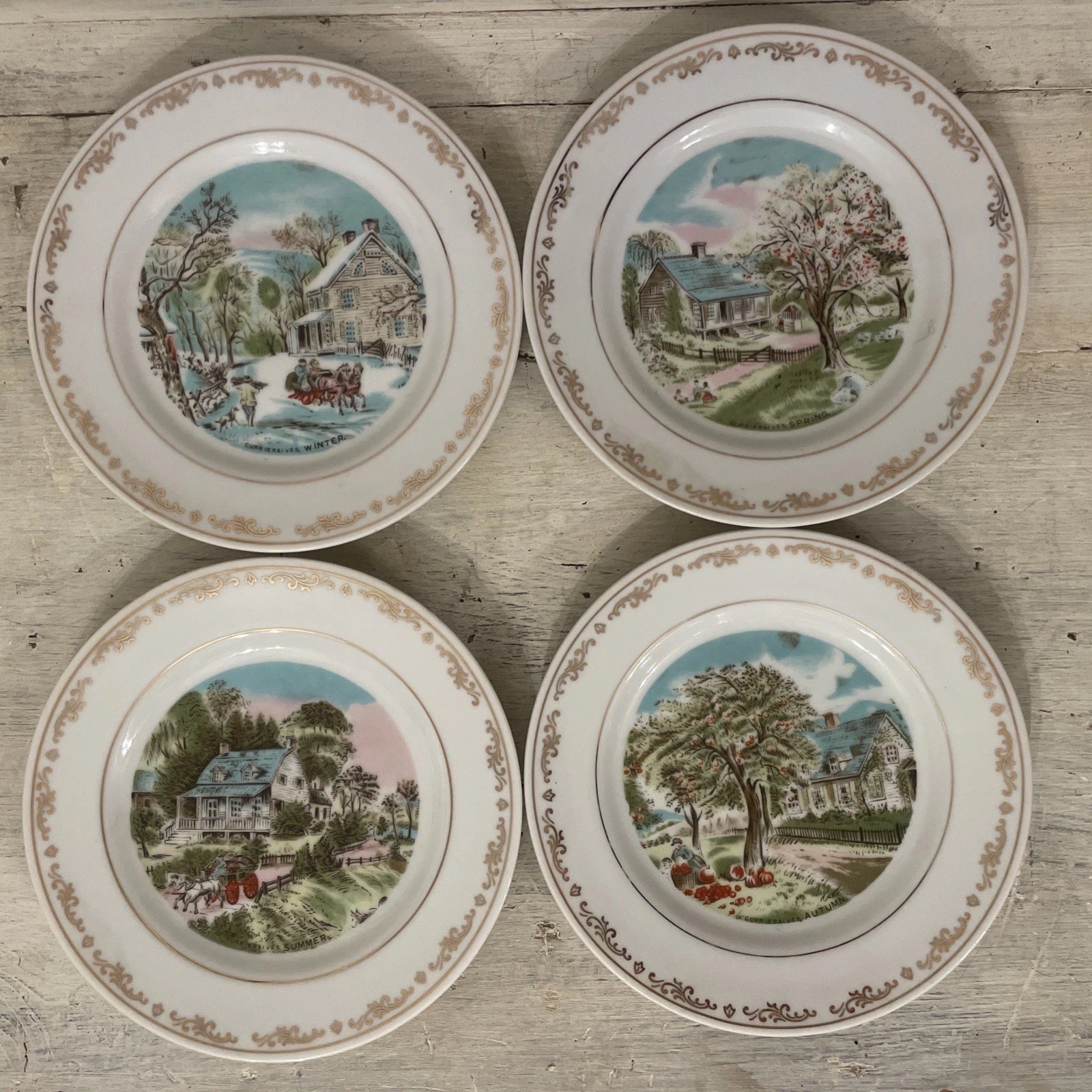 Set of 4 Currier & Ives Four Seasons Wall Plates  6” Serial Number Edition Japan