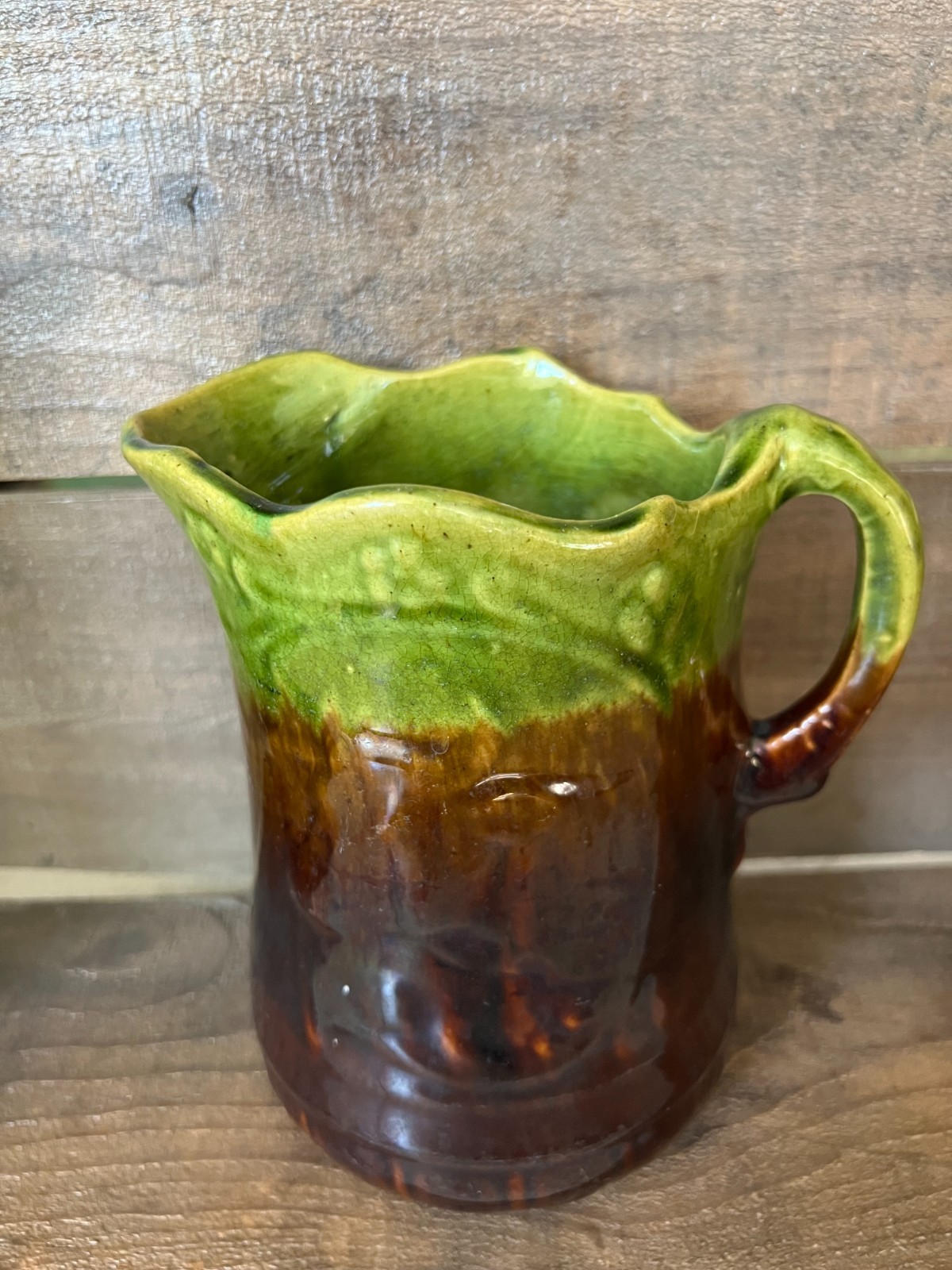 Majolica Cow Pitcher with Flowers Green and Brown