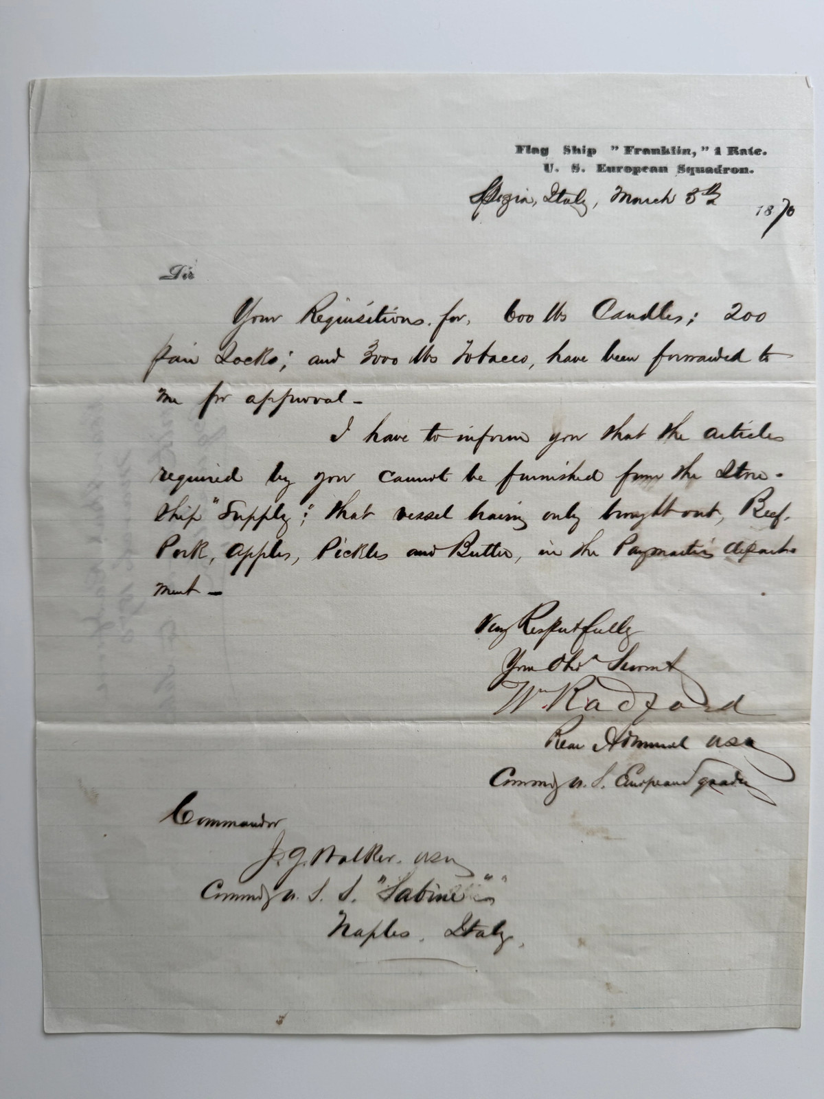 1870 Rear Admiral William Radford Autograph Letter Signed – USS Franklin
