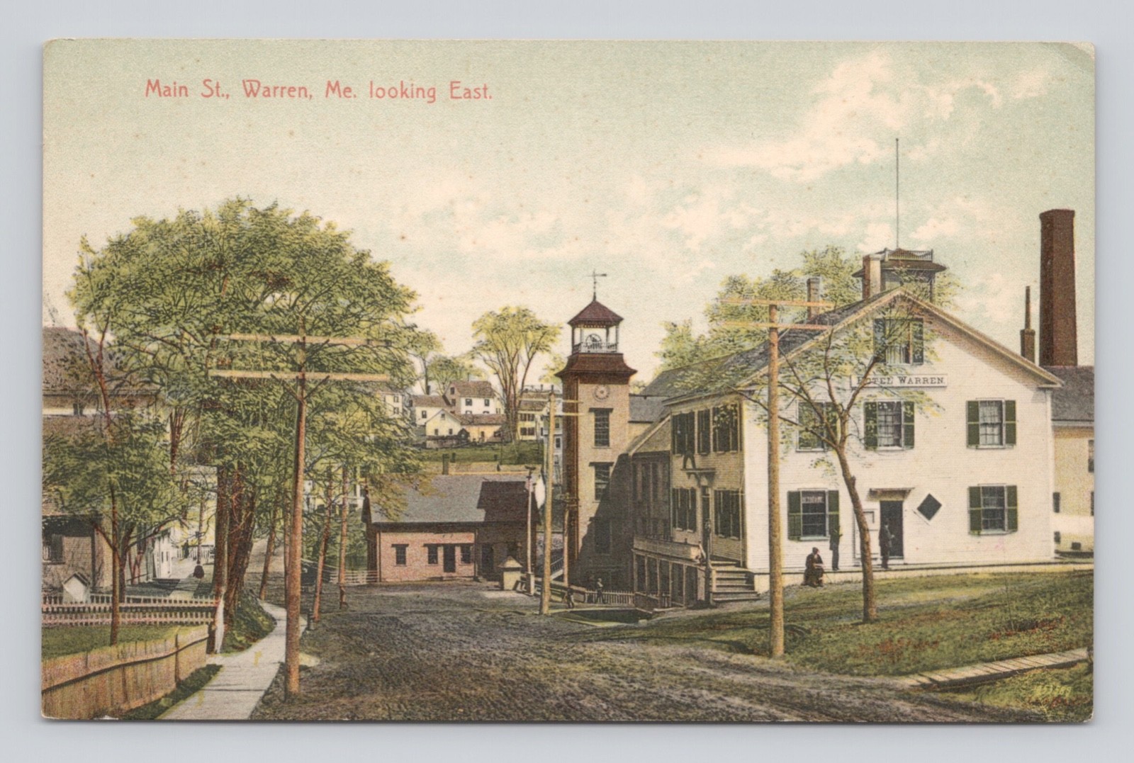 Postcard Main Street Looking East Warren Maine ~ 1908
