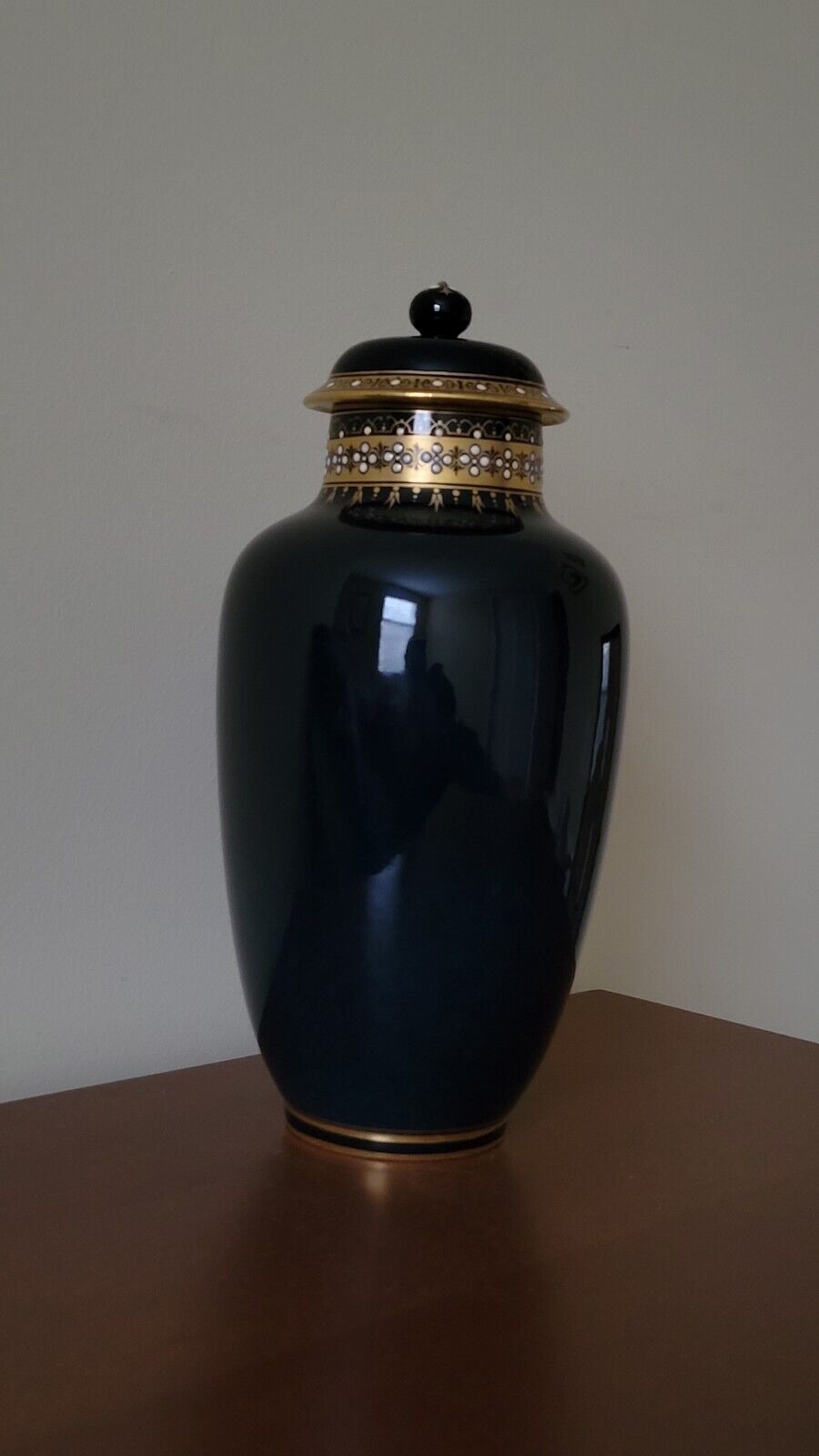 Antique 1885 Sevres France Dark Blue Lidded Vase, Gilt & White Enamel Dots, Read