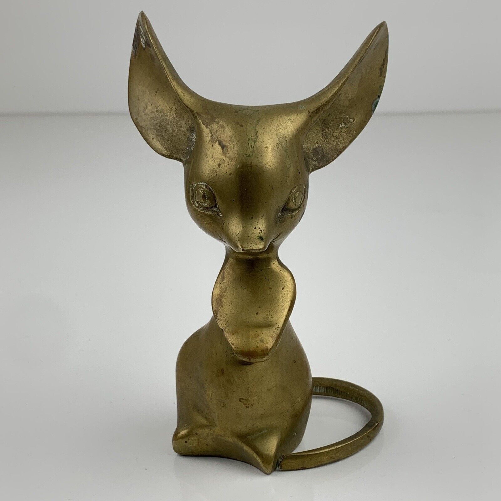 Vtg Solid Brass Mouse Large Ears Paperweight Sculpture Figurine MCM Patina 5