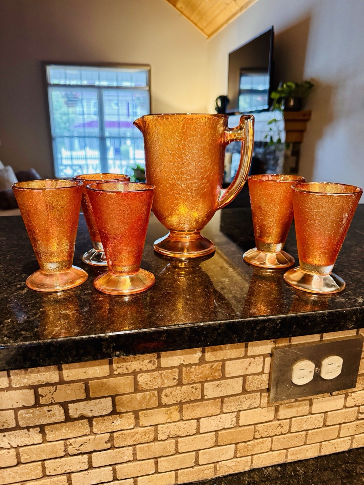 Vintage Jeanette Marigold Carnival Glass Pitcher And Glasses Set Vintage Jeanette Marigold Carnival Glass Pitcher And Glasses Set