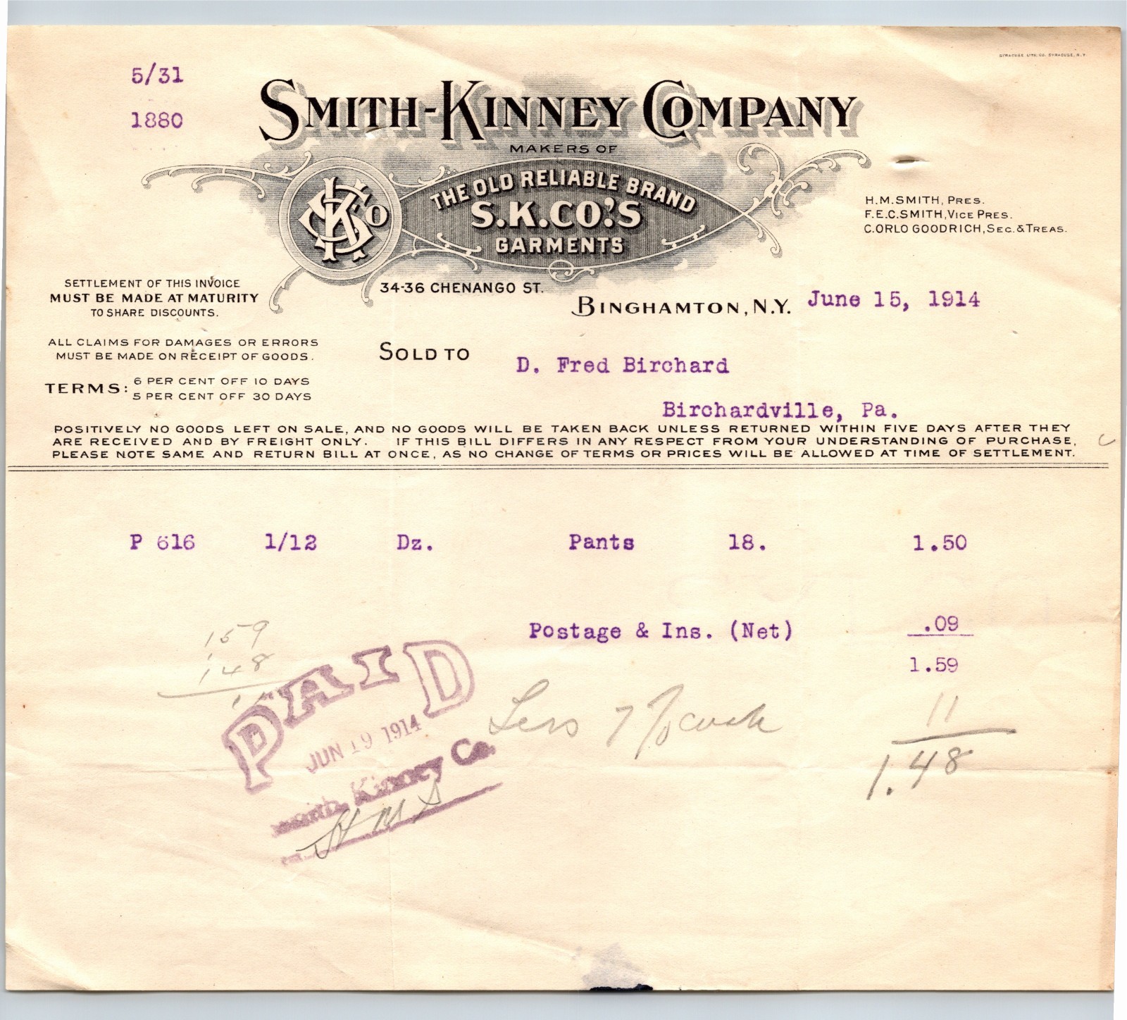 Smith-Kinney Company Invoice Makers Of Old Reliable Brand S.K.Co.\'s Garments #2