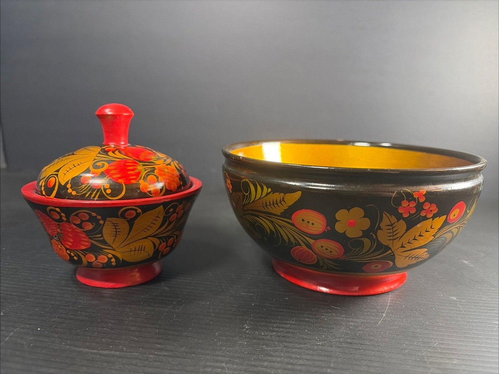 2 Russian Wooden Khokhloma Hand Painted Bowls One With Lid 6