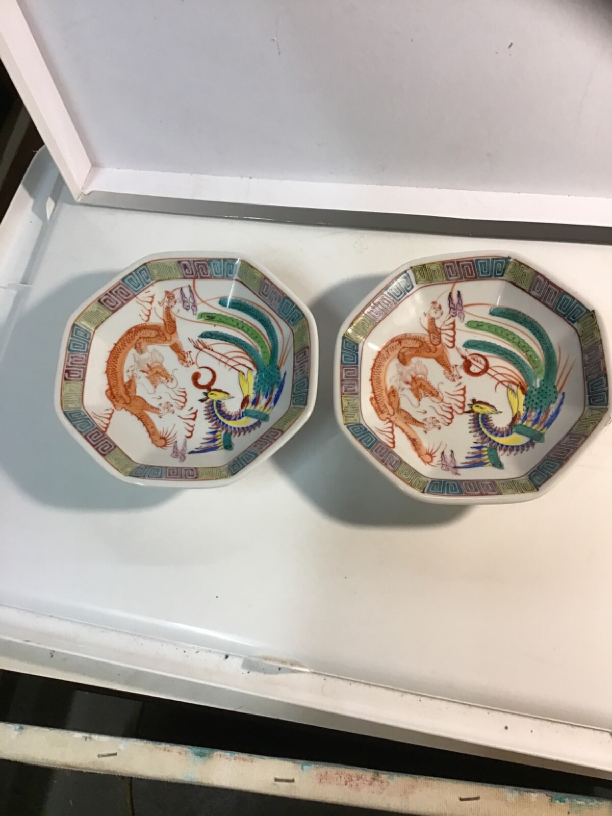 Pair Chinese Porcelain Plates Tazzas Qianlong Mark w/ Dragon Phoenix & Bats Dec.
