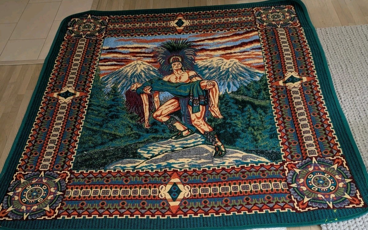Vibrant Green Mexican Blanket Traditional Aztec Warrior Carrying Princess