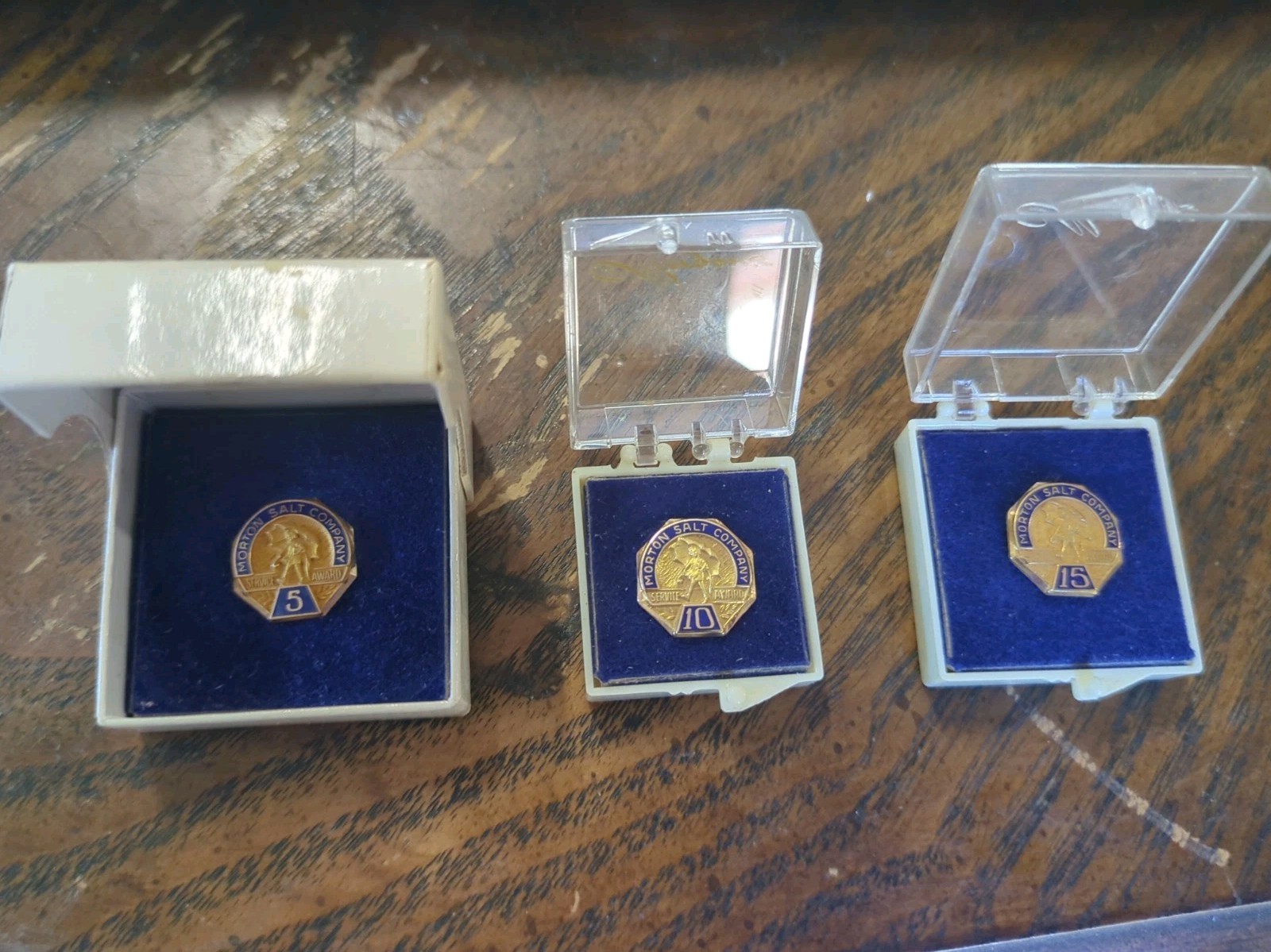 3 - VINTAGE MORTON SALT 5-10-15 YEAR SERVICE AWARD PINS 10K GOLD FILLED BADGES