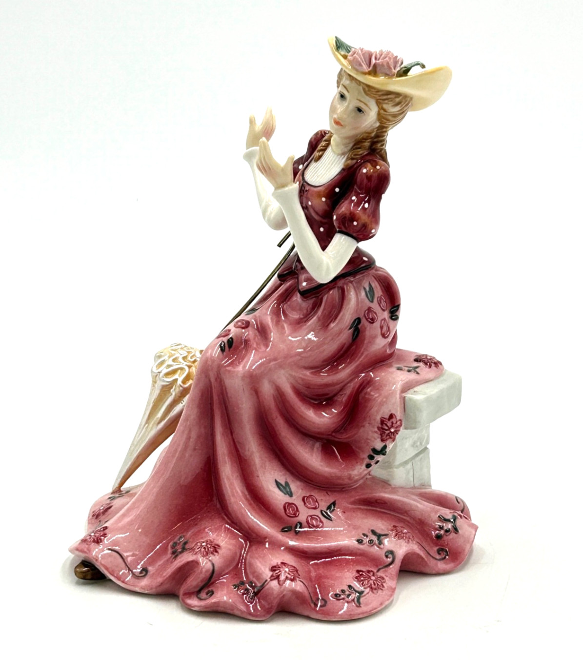 Vintage Style Porcelain Lady Figurine Pink & Burgundy Dress w/Parasol & Hat Vintage Style Porcelain Lady Figurine Pink & Burgundy Dress w/Parasol & Hat