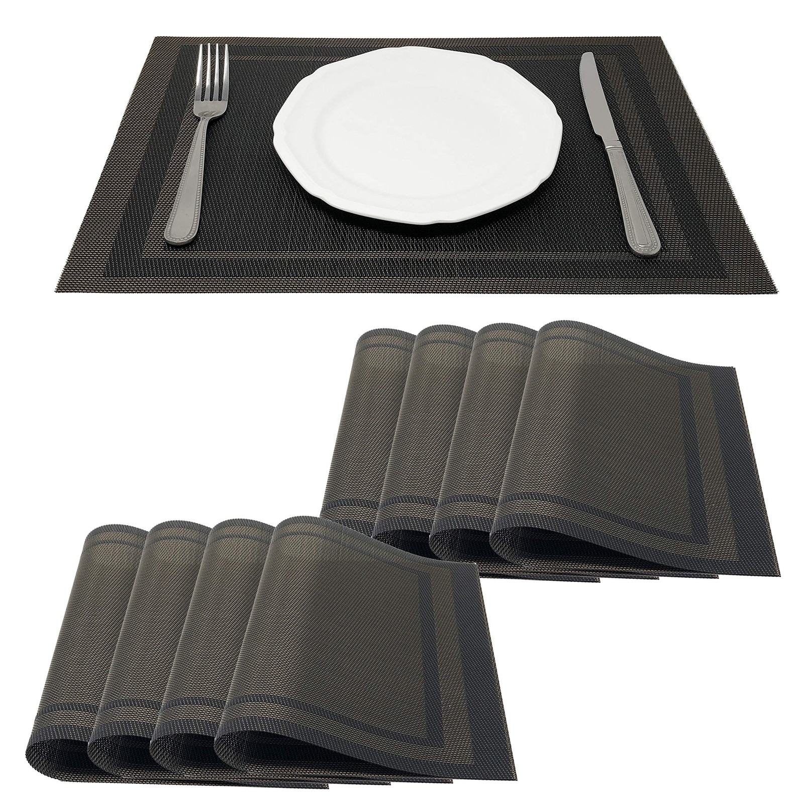 Allgala 8-Pack PVC Dining Table Placemats, Black Gold Frames, Anti-Skid Allgala 8-Pack PVC Dining Table Placemats, Black Gold Frames, Anti-Skid