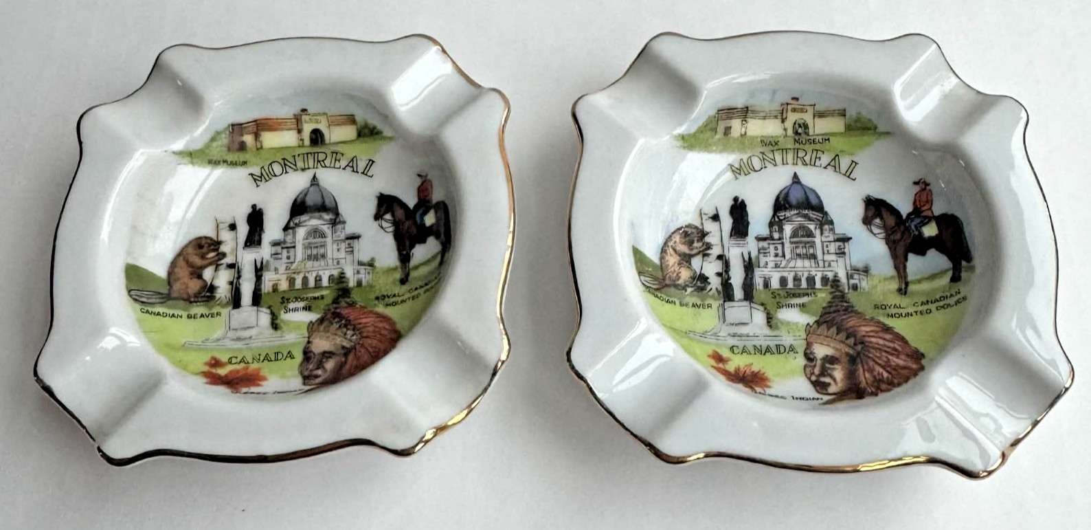 Vintage Montreal Canada Ashtrays Pair Hand Painted ESD Japan Gold Trim 3.25\