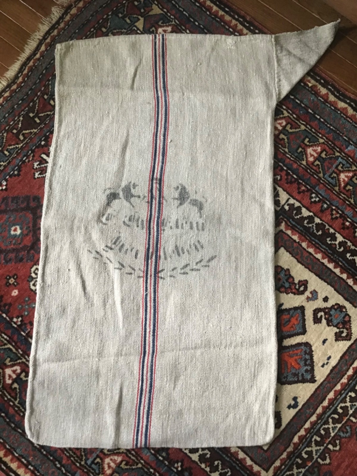 Antique German handwoven grain sack, ca 1900, blue/red stripe, Horses Stenciling Antique German handwoven grain sack, ca 1900, blue/red stripe, Horses Stenciling