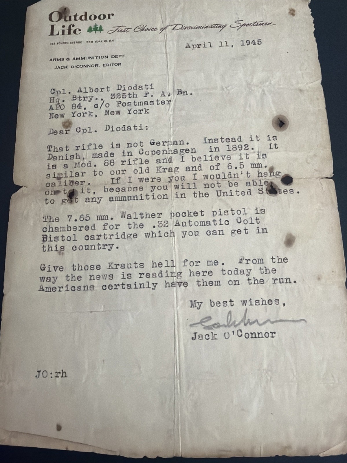 1945 Jack O Connor Signed Outdoor Life Letter WWII Walther Pistol Danish Krag