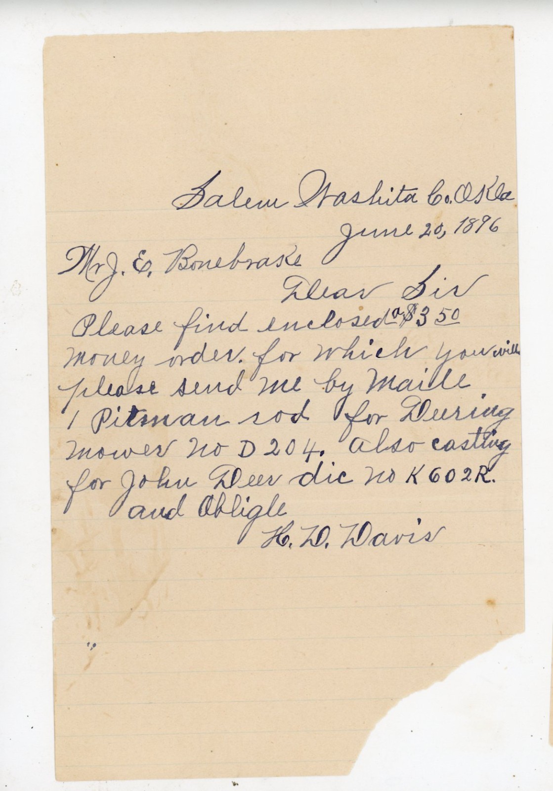 1896 Handwritten Letter Salem Washita Co. Oklahoma Ter. Deering Mower John Deere
