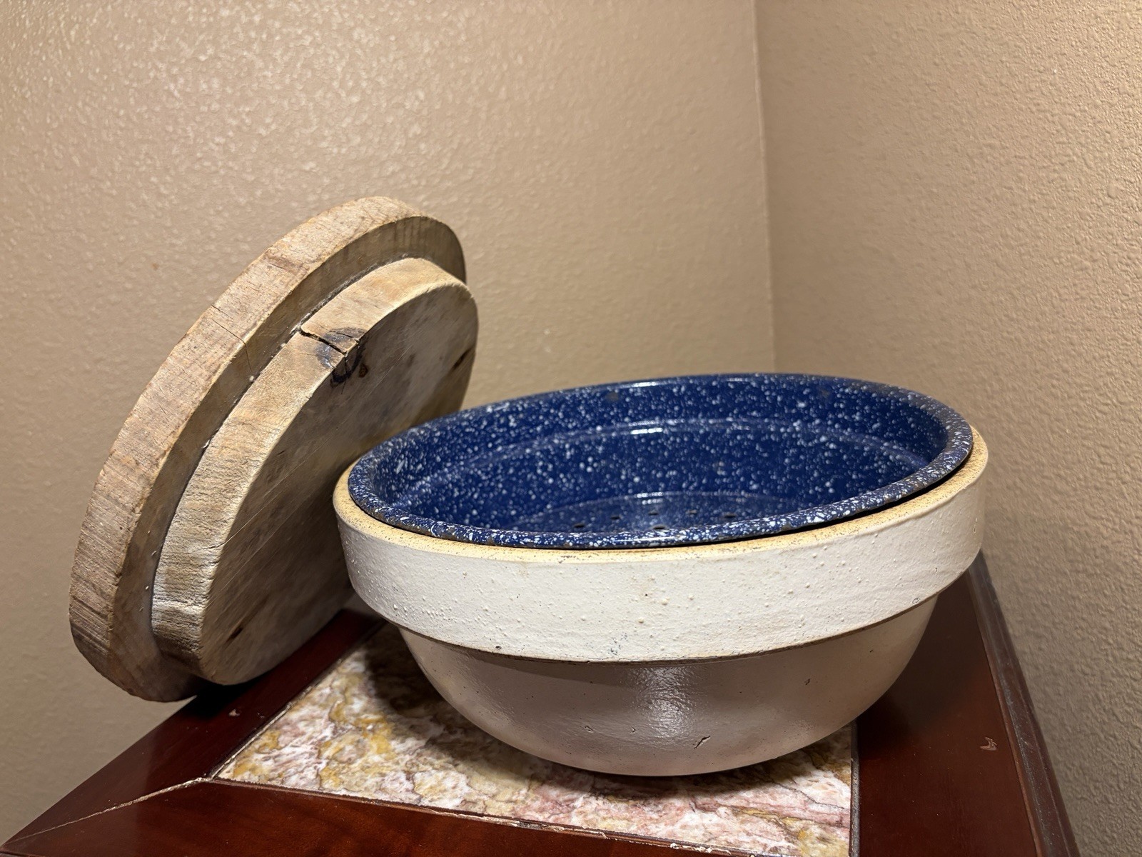 Buckeye Pottery Stoneware Cheese Strainer Press Set Rare 1882+ Dough Enamel Bowl