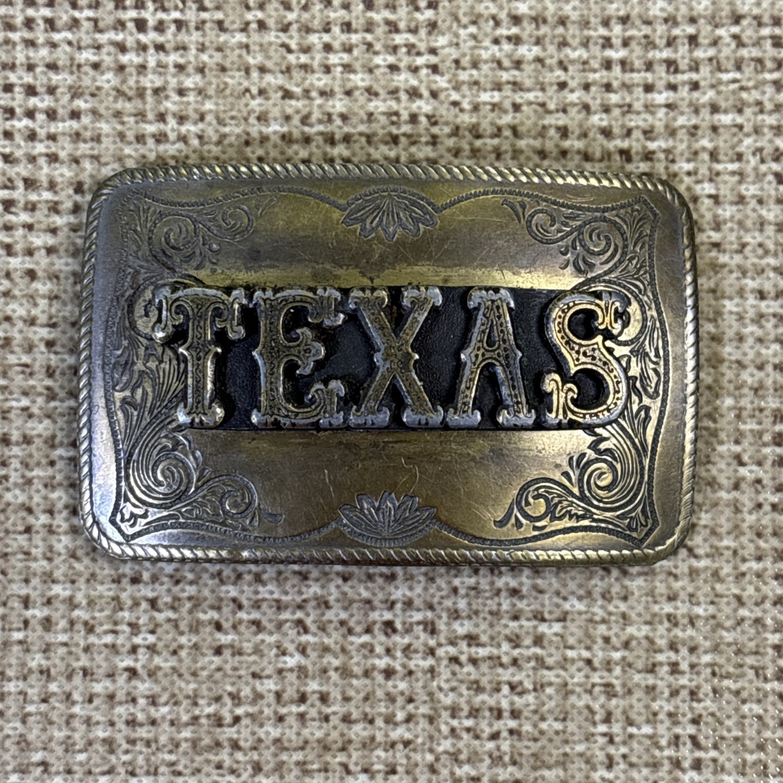 Vintage 1980-90s Western Two-Tone 3-D Texas Belt Buckle, Ornate Scroll Design.
