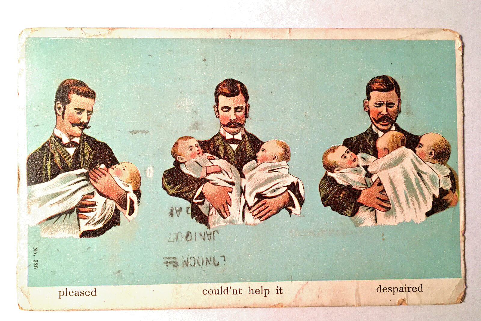 Man Holding Baby Crying Despaired Antique 1907 Comic Postcard Humor Fun