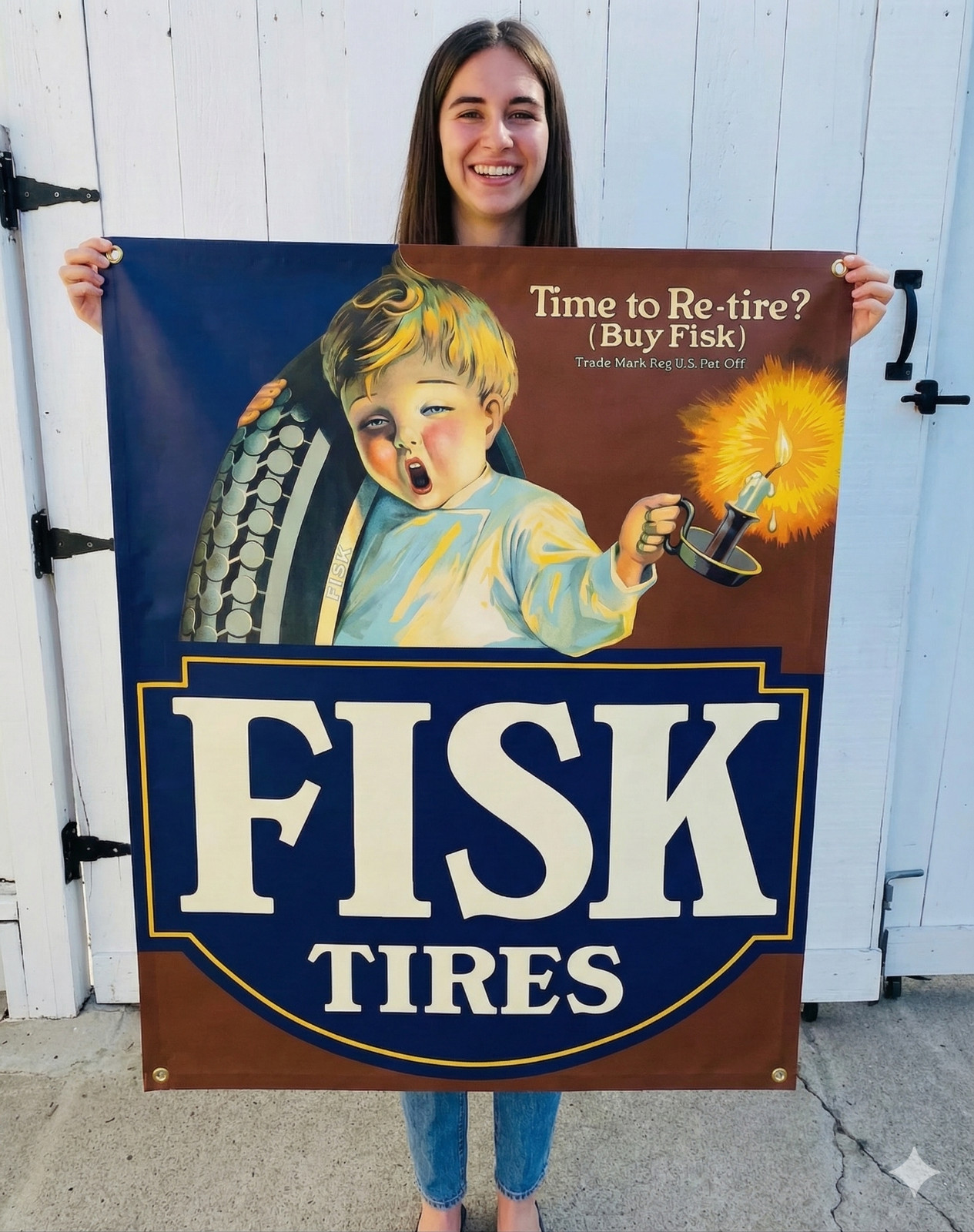Vintage Fisk Tires Gas Oil Banner Sign Vintage Fisk Tires Gas Oil Banner Sign