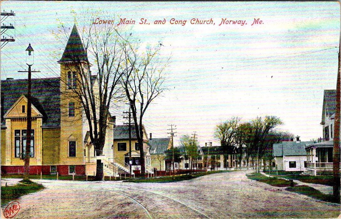 Norway ME Maine LOWER MAIN STREET SCENE~Congregational Church/Home 1910 Postcard