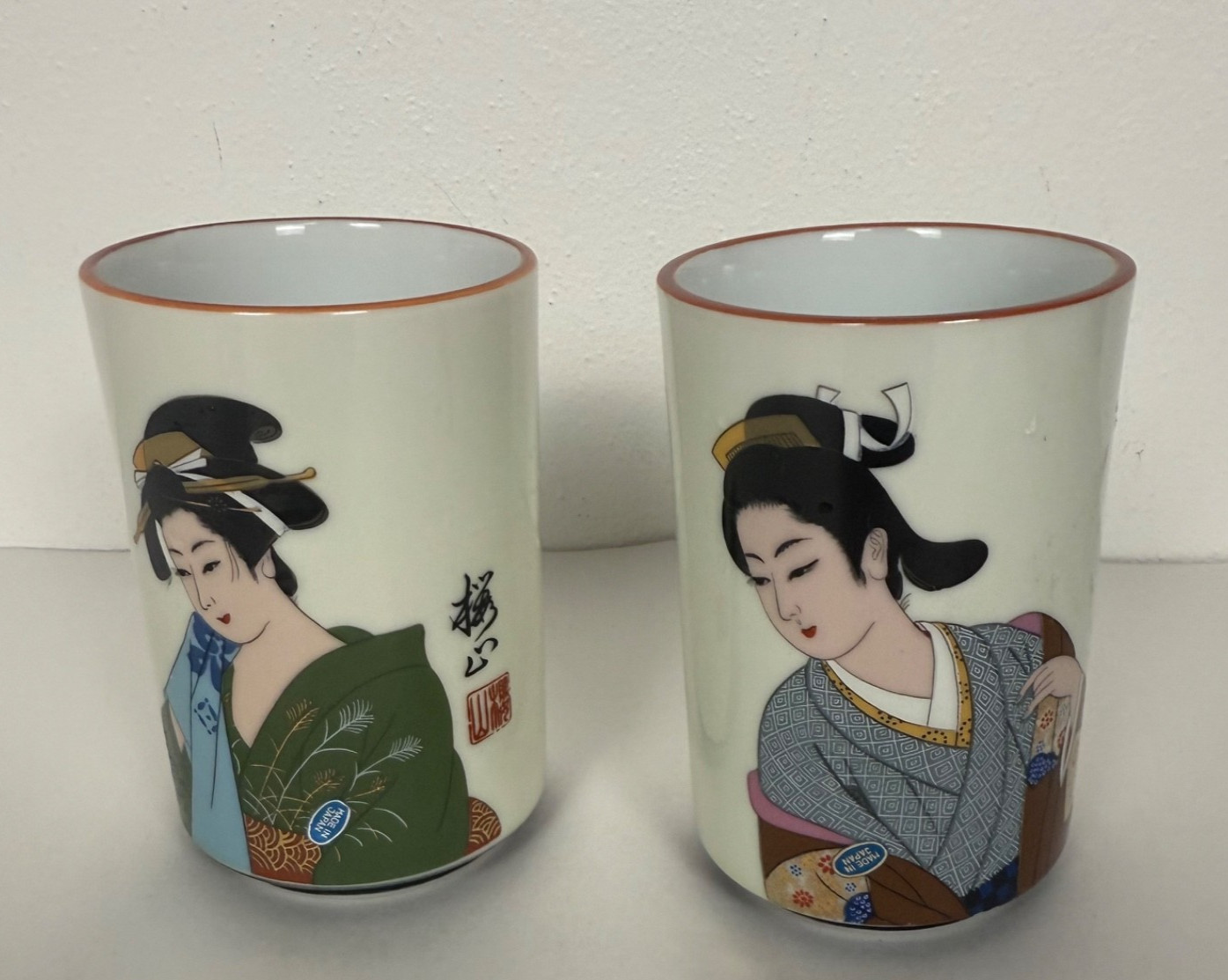 Geisha Girls Japanese Porcelain Detailed 12 oz Stemless Tea Cups Made in Japan