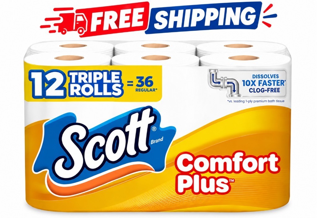 Scott ComfortPlus Toilet Paper, 12 Triple Rolls,231 Sheets per Roll,Septic-Safe