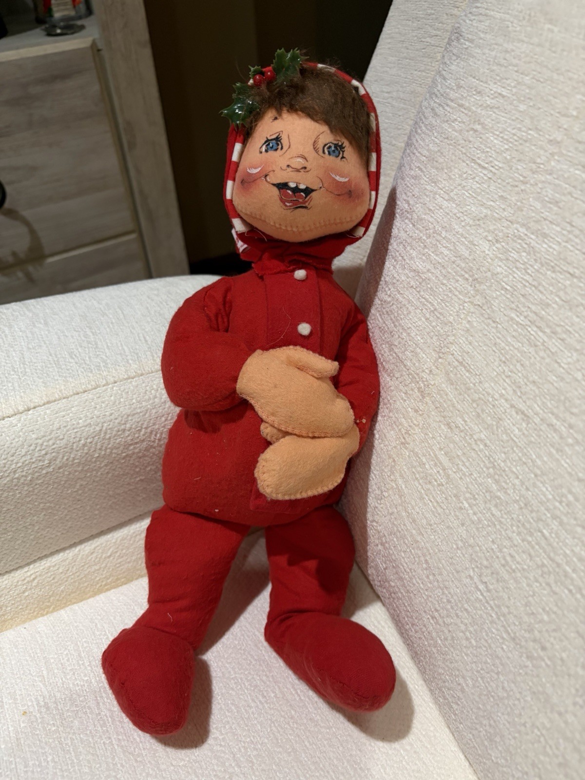 1992 Annalee Doll 12” Sitting Christmas Boy In Red Pajamas