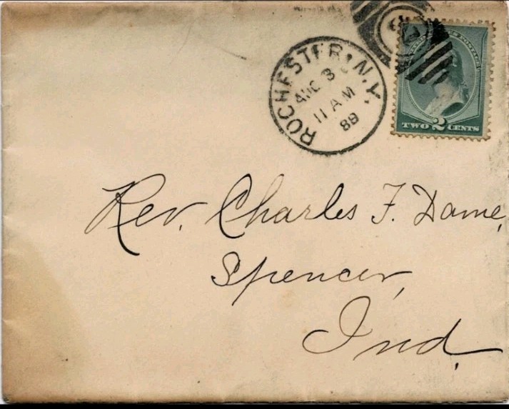 1889 Letter from Rochester, NY -Spencer, IN Sofia A. Nash-Rev. Charles F. Dame 
